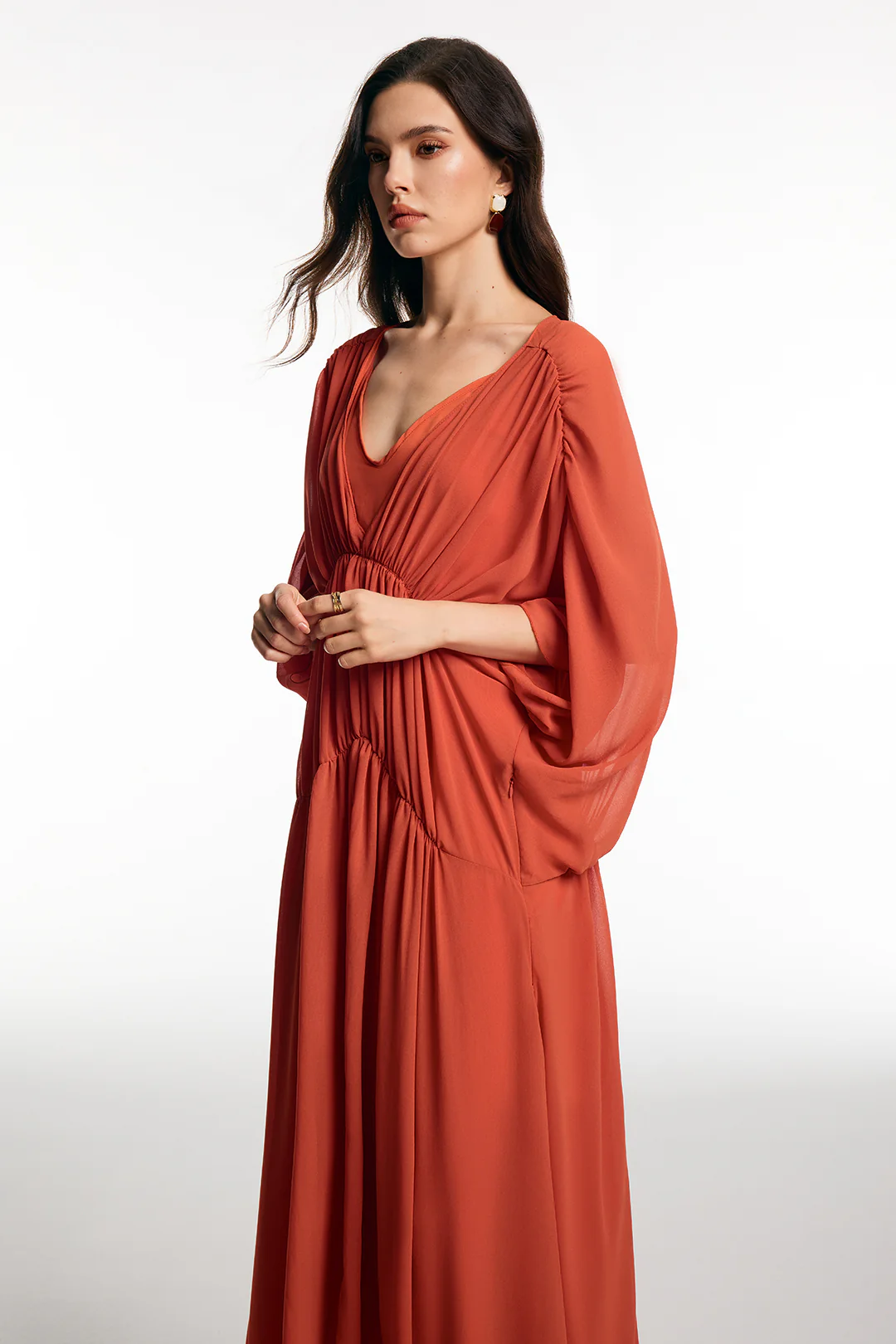 Chiffon V-Neck Ruched Short-Sleeve Maxi Dress