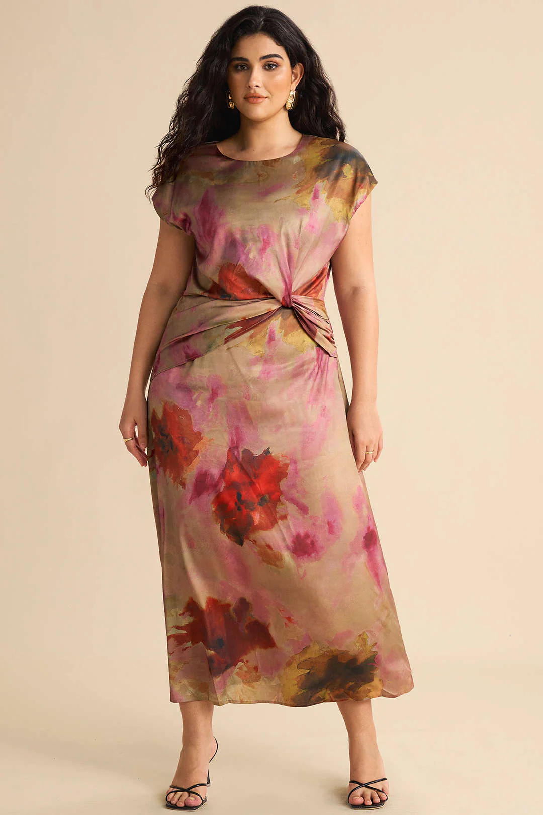 Plus Size Ombre Print Ruched Short Sleeve Midi Dress