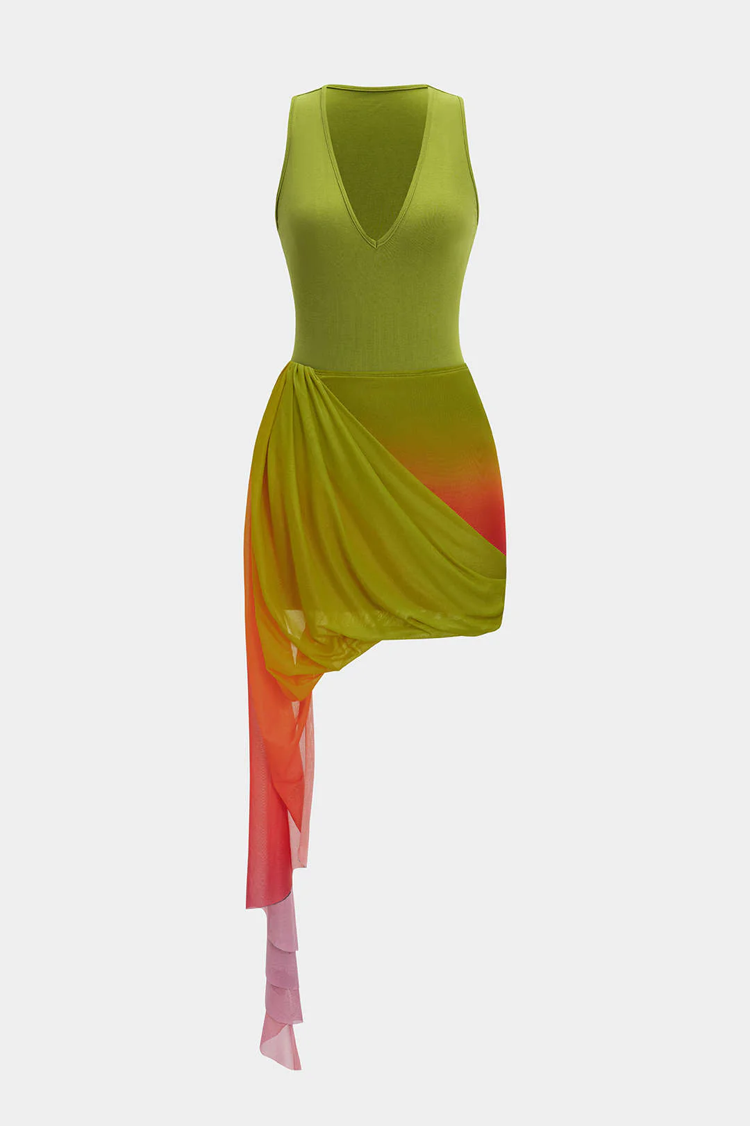 Ombre Print V-Neck Bodysuit And Asymmetrical Ruched Skirt Set