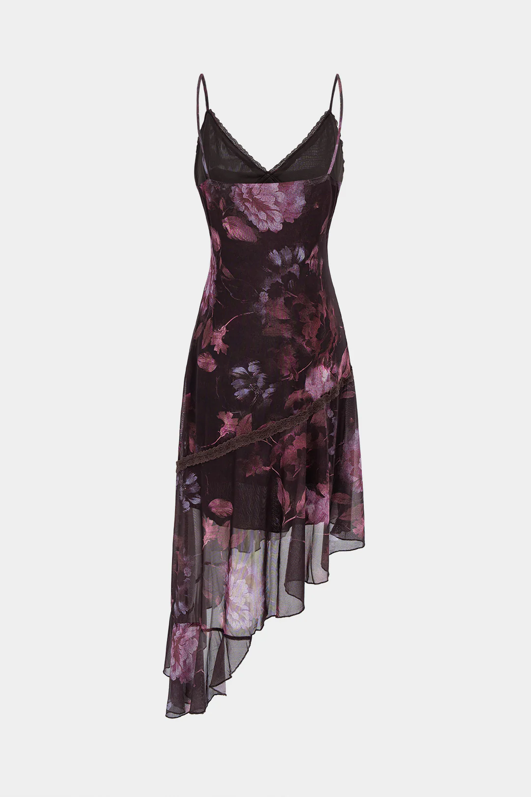 Mesh Floral Print Lace Trim Asymmetrical Sleeveless Mini Dress