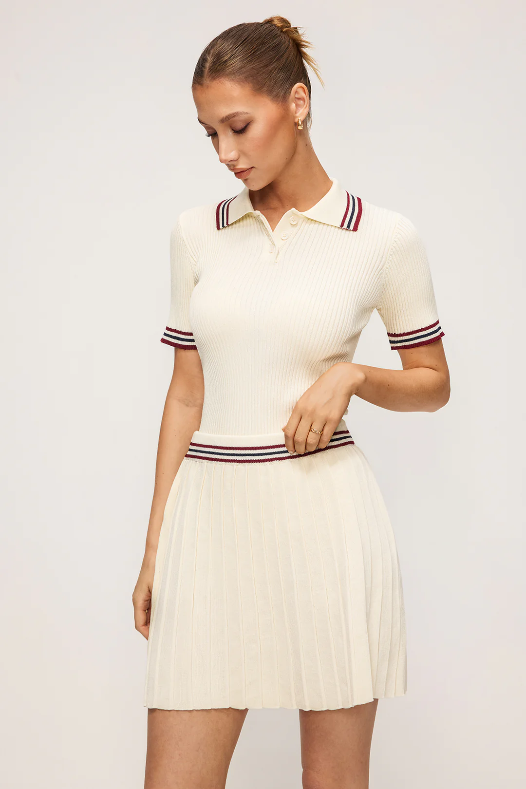 Knit Contrast Stripes Button Short-Sleeve Top And Mini Skirt Set