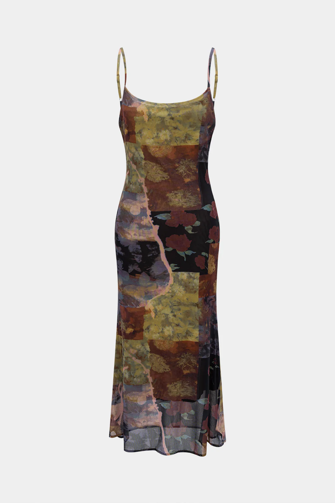 Vintage Floral Print Mesh Sleeveless Midi Slip Dress