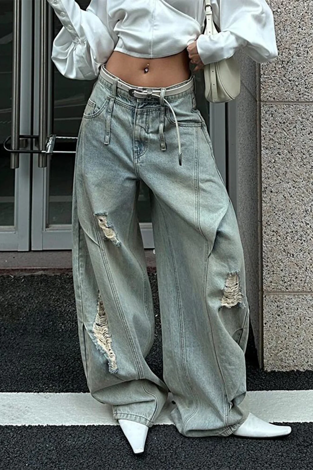 Denim Ripped Ruched Barrel Jeans