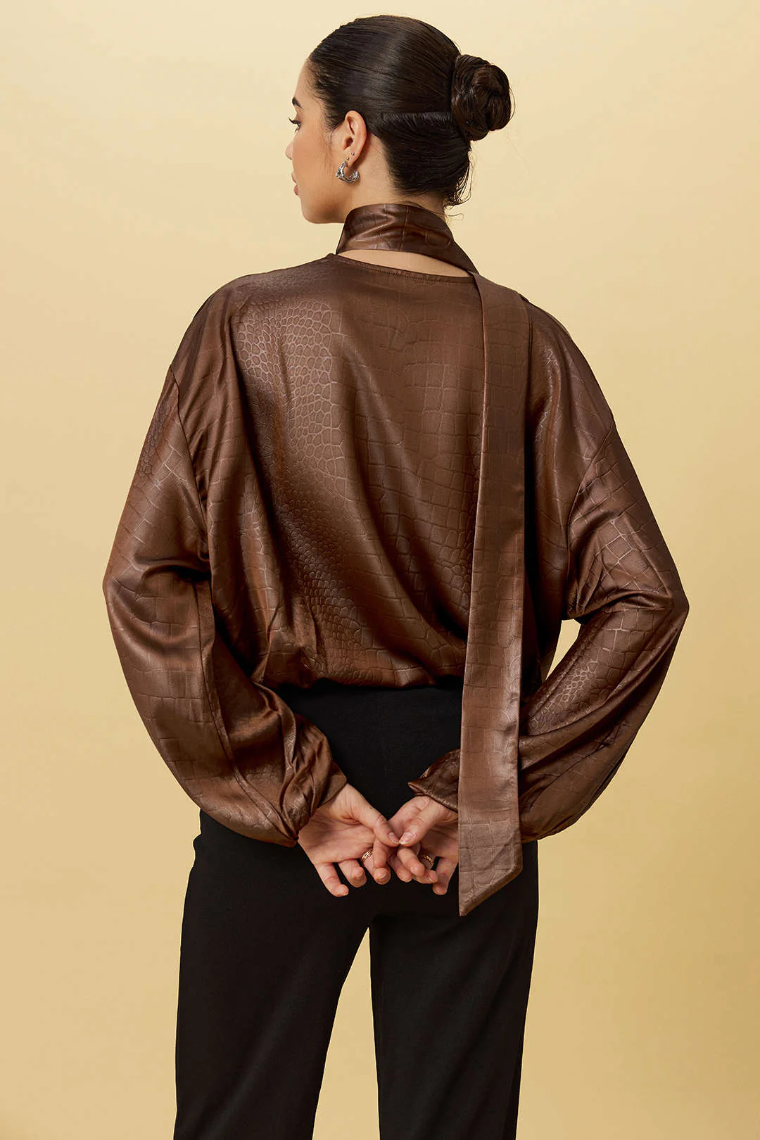 Satin-textured Ruched Long-sleeved Top with Scarf