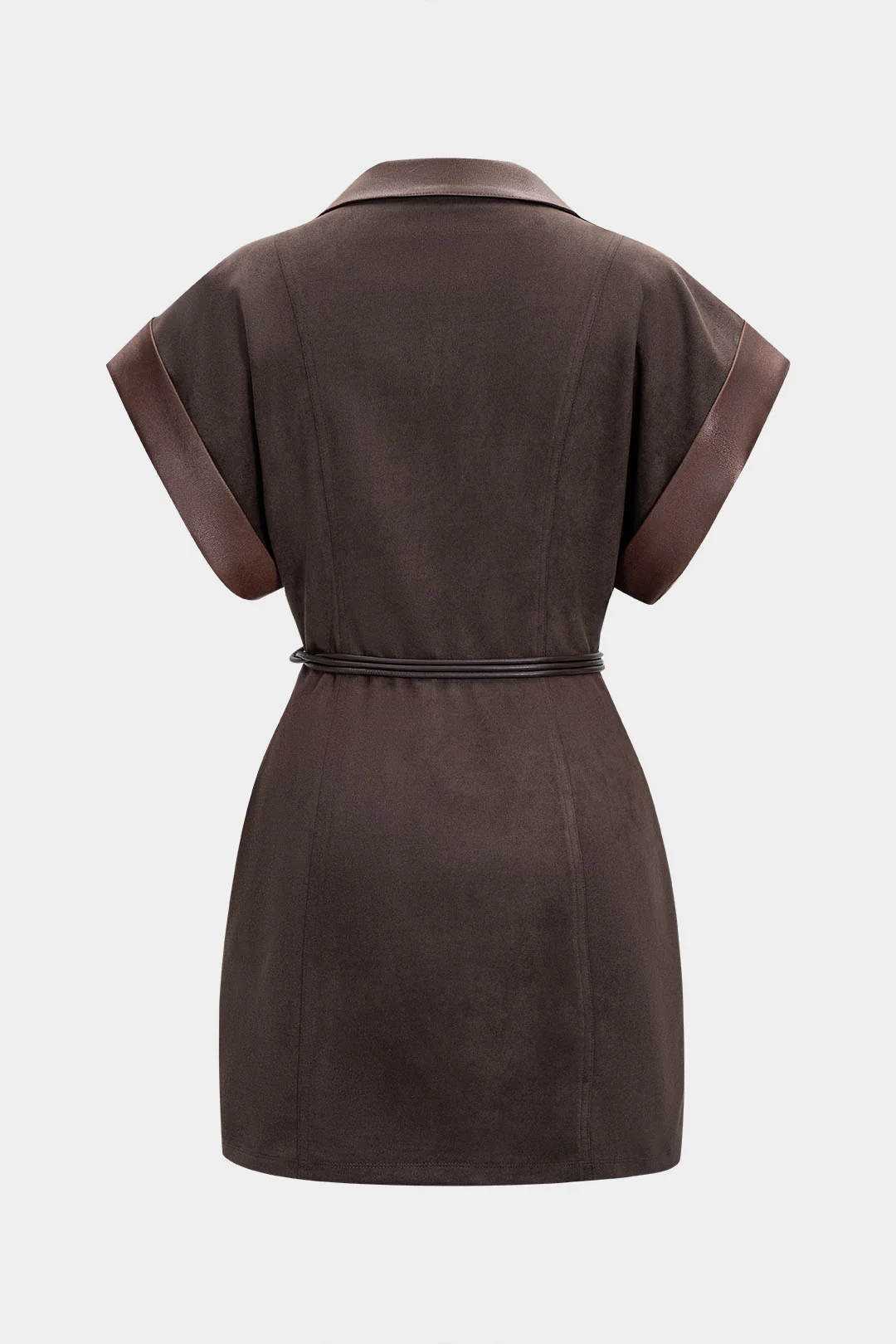 Faux Leather Suede V-Neck Patchwork Belted Sleeveless Mini Dress