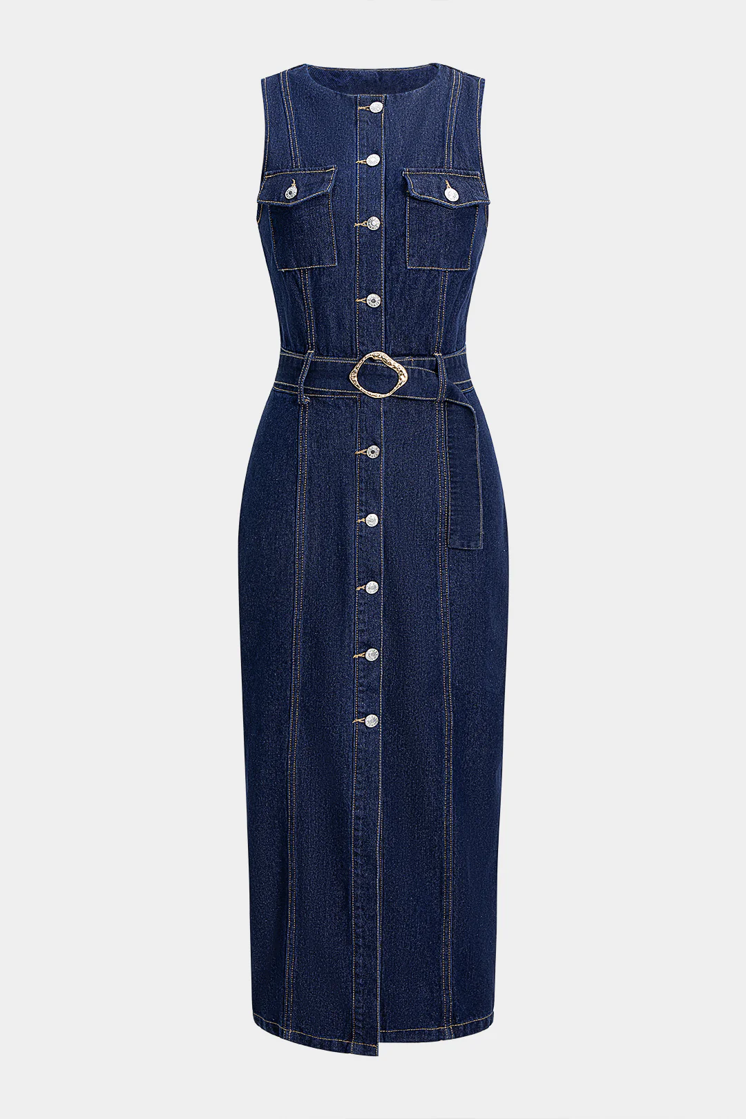 Button Belted Sleeveless Denim Dress