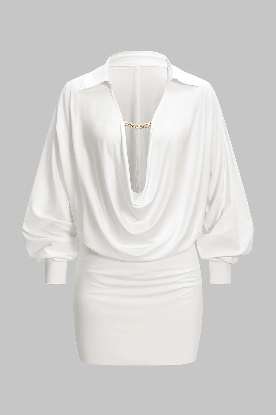 Ruched Draped Cowl V-Neck Long Sleeve Mini Dress