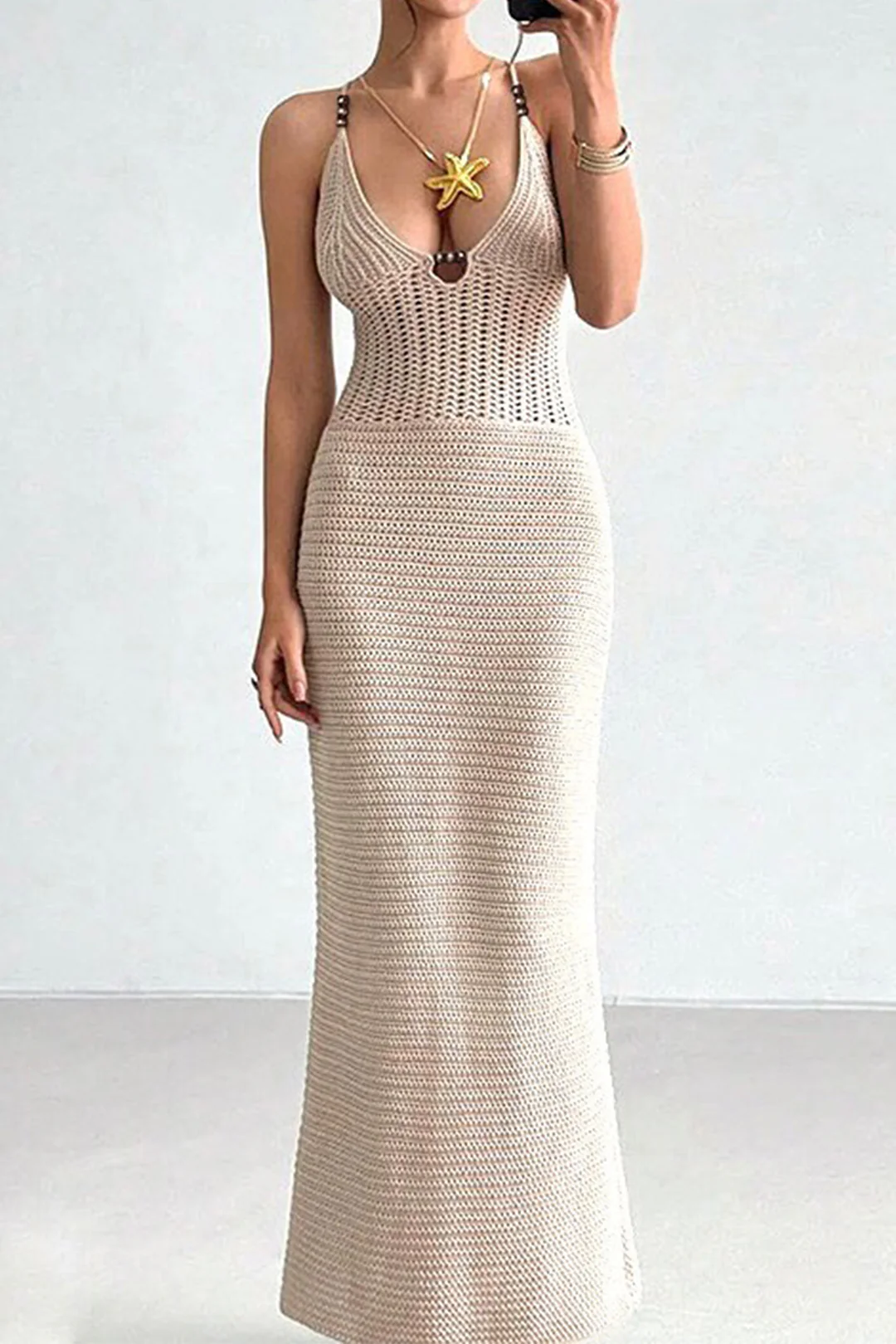 Knit Beaded Tie-Back Cut-Out Sleeveless Dress