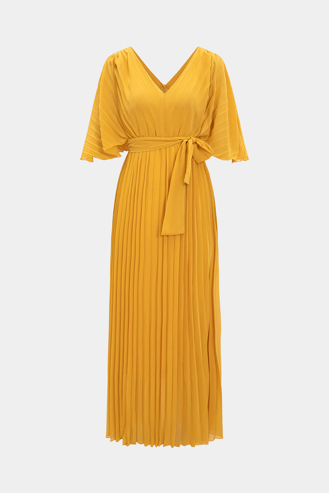 Chiffon Tie Front V-Neck Batwing Pleated Belted Short Sleeve Maxi Dress