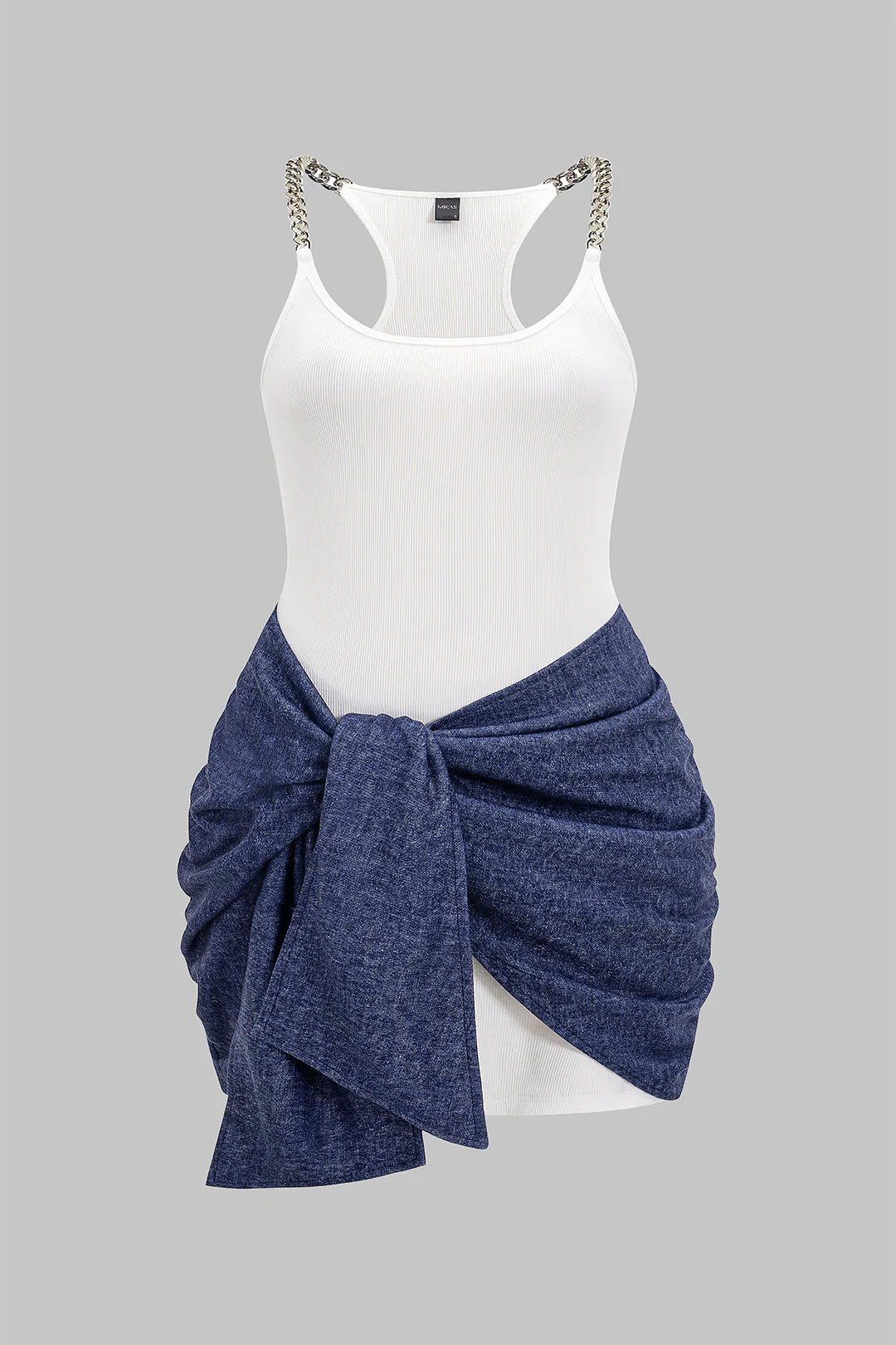 Plus Size Metallic Chain Patchwork Tie Knot Sleeveless Tank Mini Dress