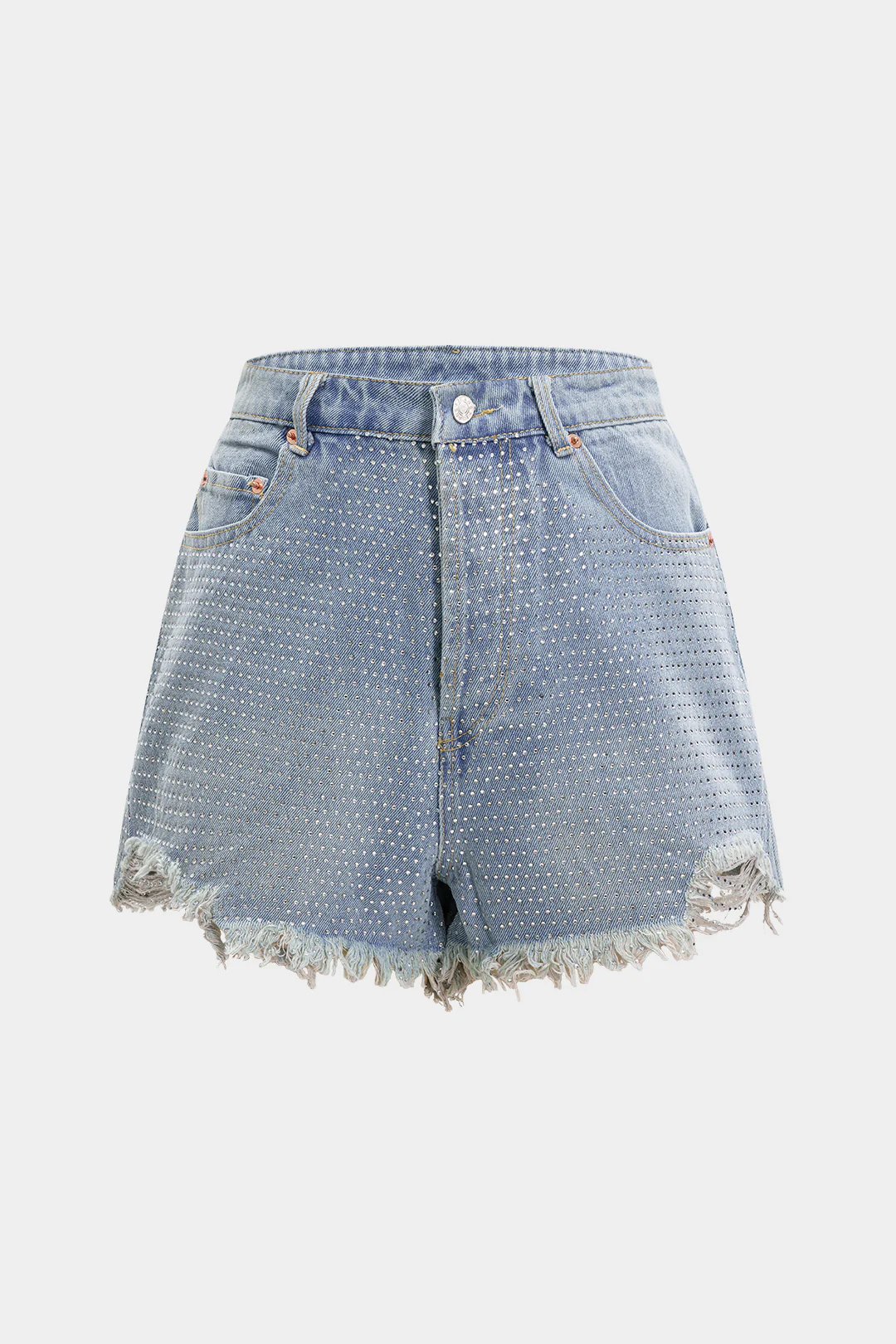 Ripped Frayed Rhinestone High Waist Denim Shorts