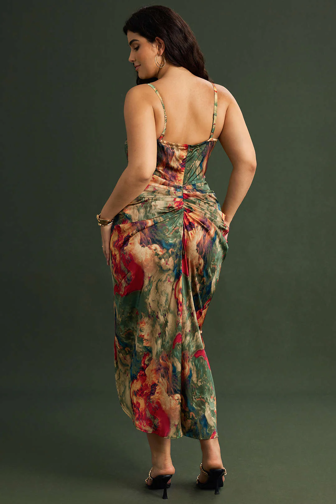 Plus Size Abstract Print Satin Zipper Cowl Neck Sleeveless Midi Dress