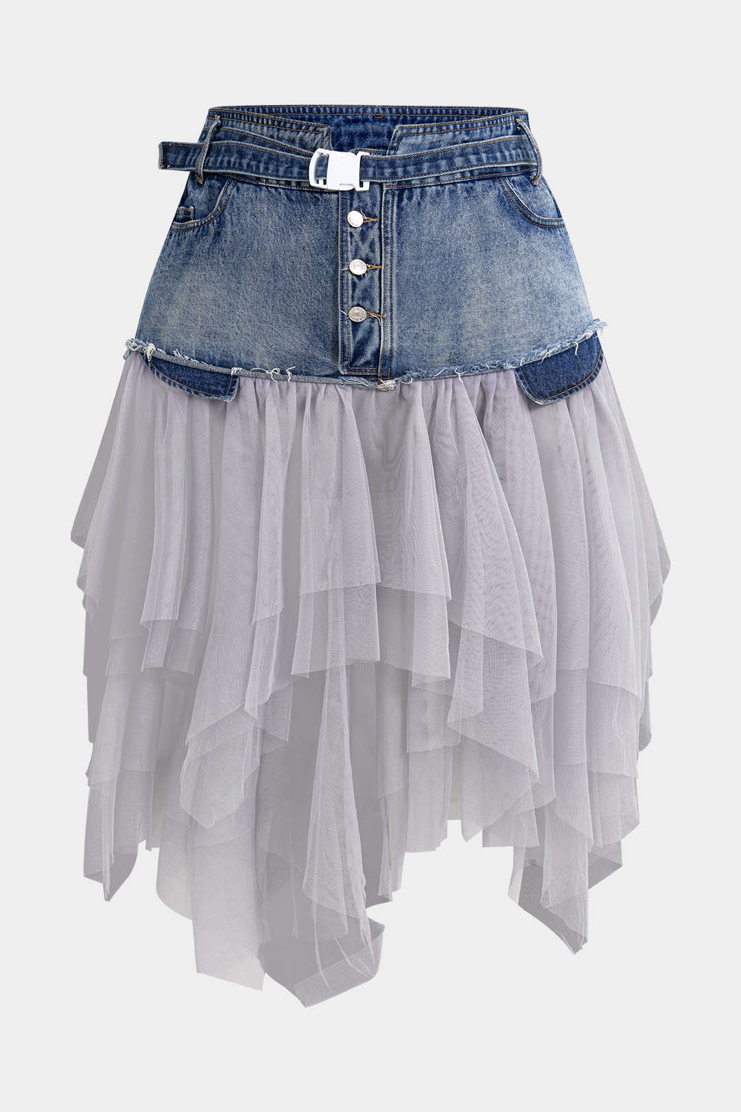 Plus Size Denim Mesh Patchwork High-Waisted Skirt