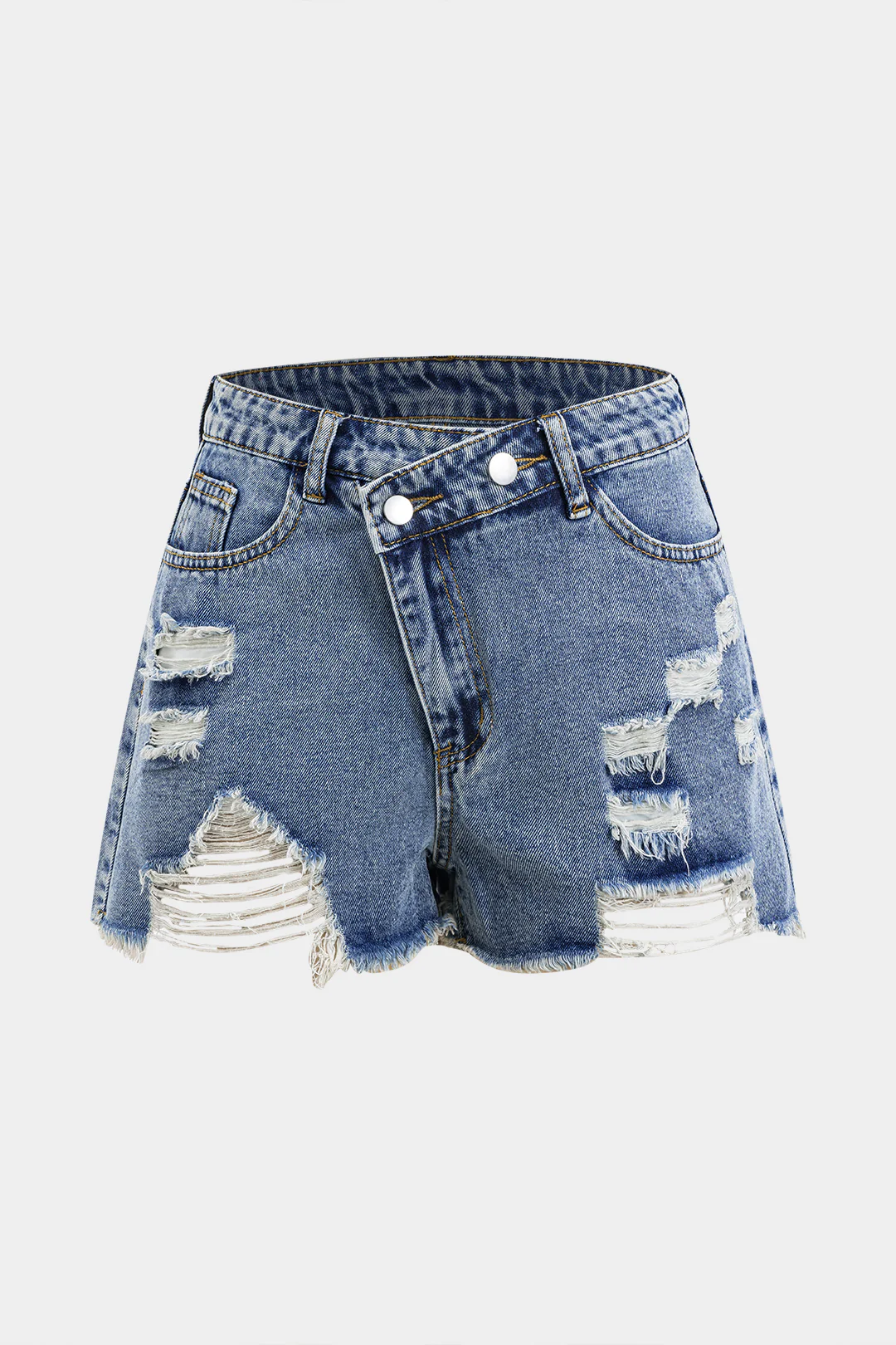 Denim Asymmetric Ripped Button-Pocket Shorts