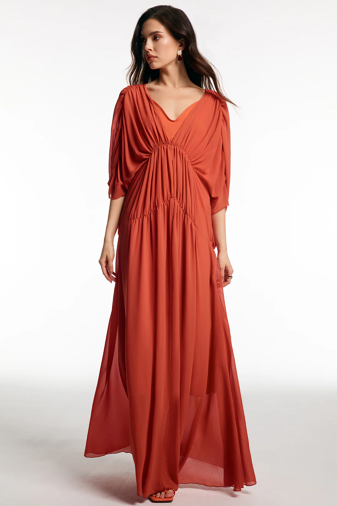 Chiffon V-Neck Ruched Short-Sleeve Maxi Dress