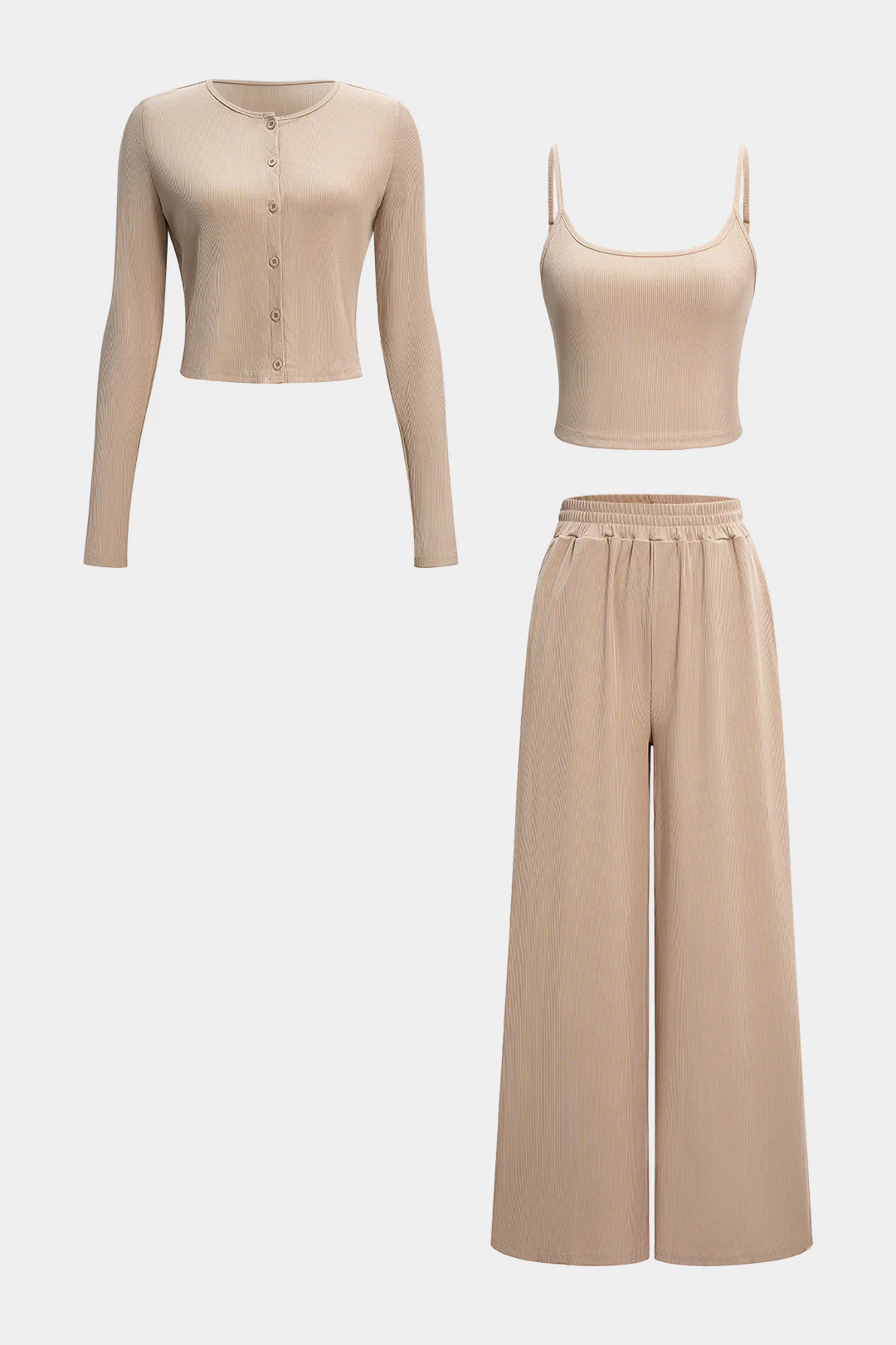 Button Long-Sleeve Top And Basic Cami Top And Wide Leg Trousers Set