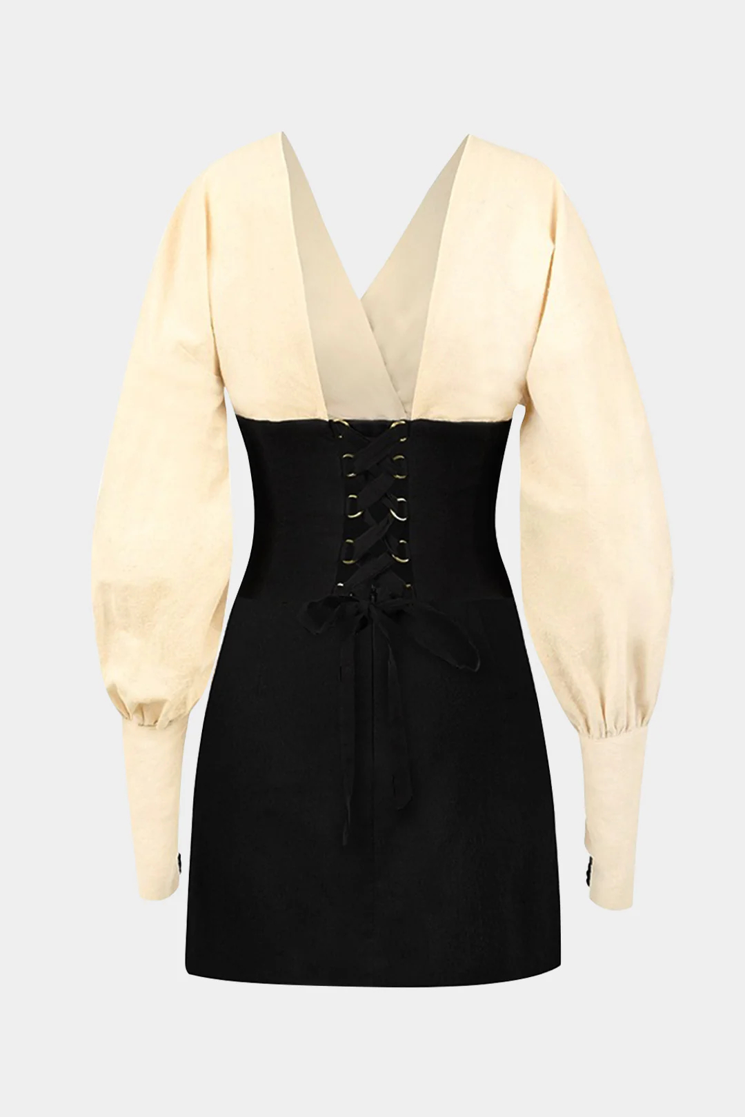 Patchwork Tie-Back V-Neck Pleated Long-Sleeve Mini Dress