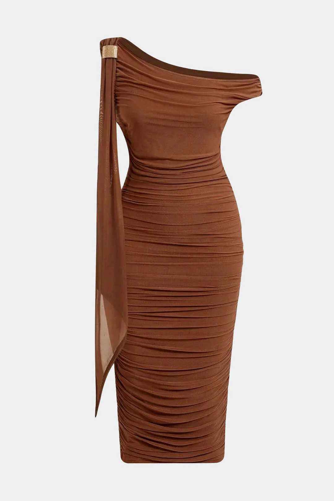 Plus Size Metallic Mesh Ruched Asymmetrical Sleeveless Midi Dress