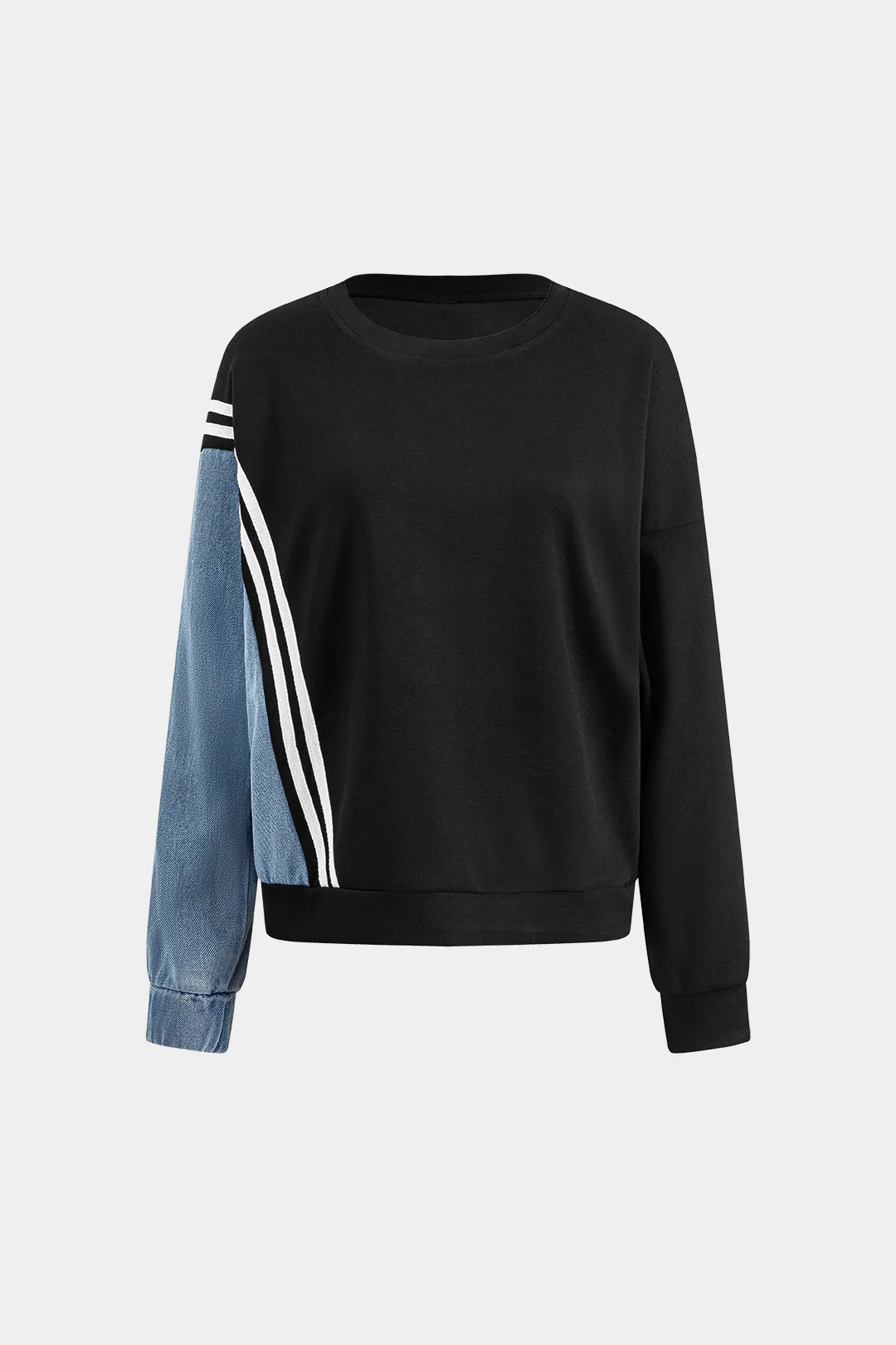 Denim Patchwork Round Neck Long Sleeve Top with Drawstring Pocket Trousers Set