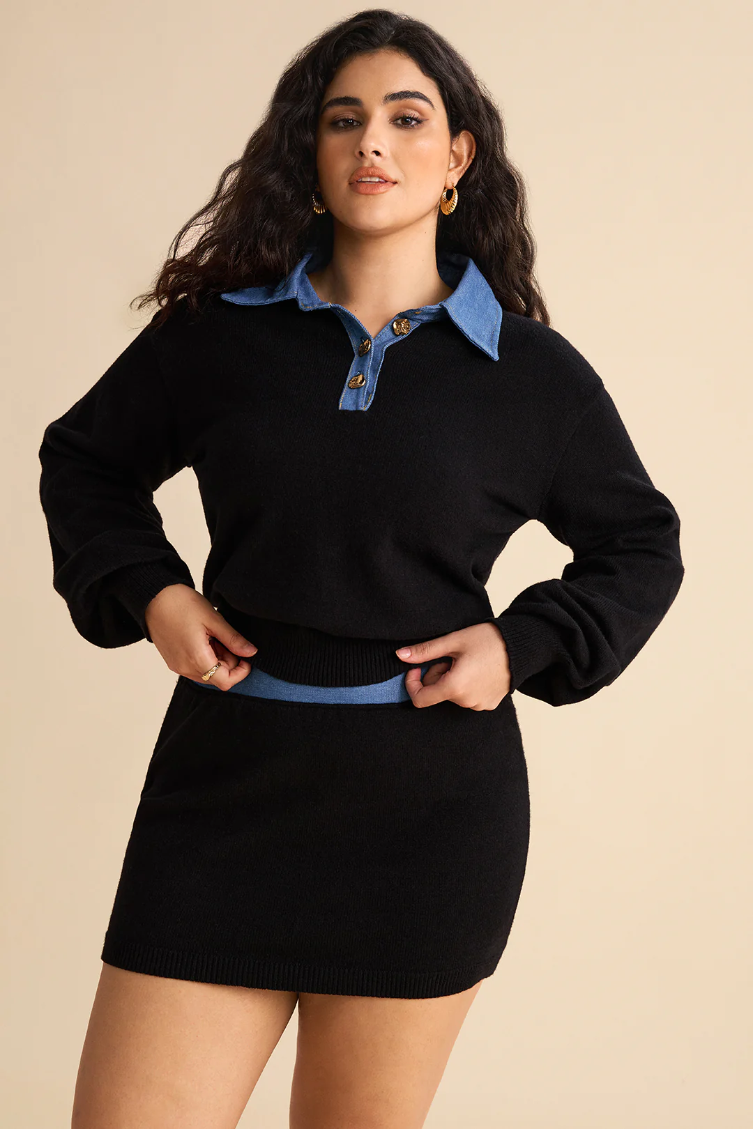 Plus Size Knit Metallic Button Patchwork Long-Sleeve Top