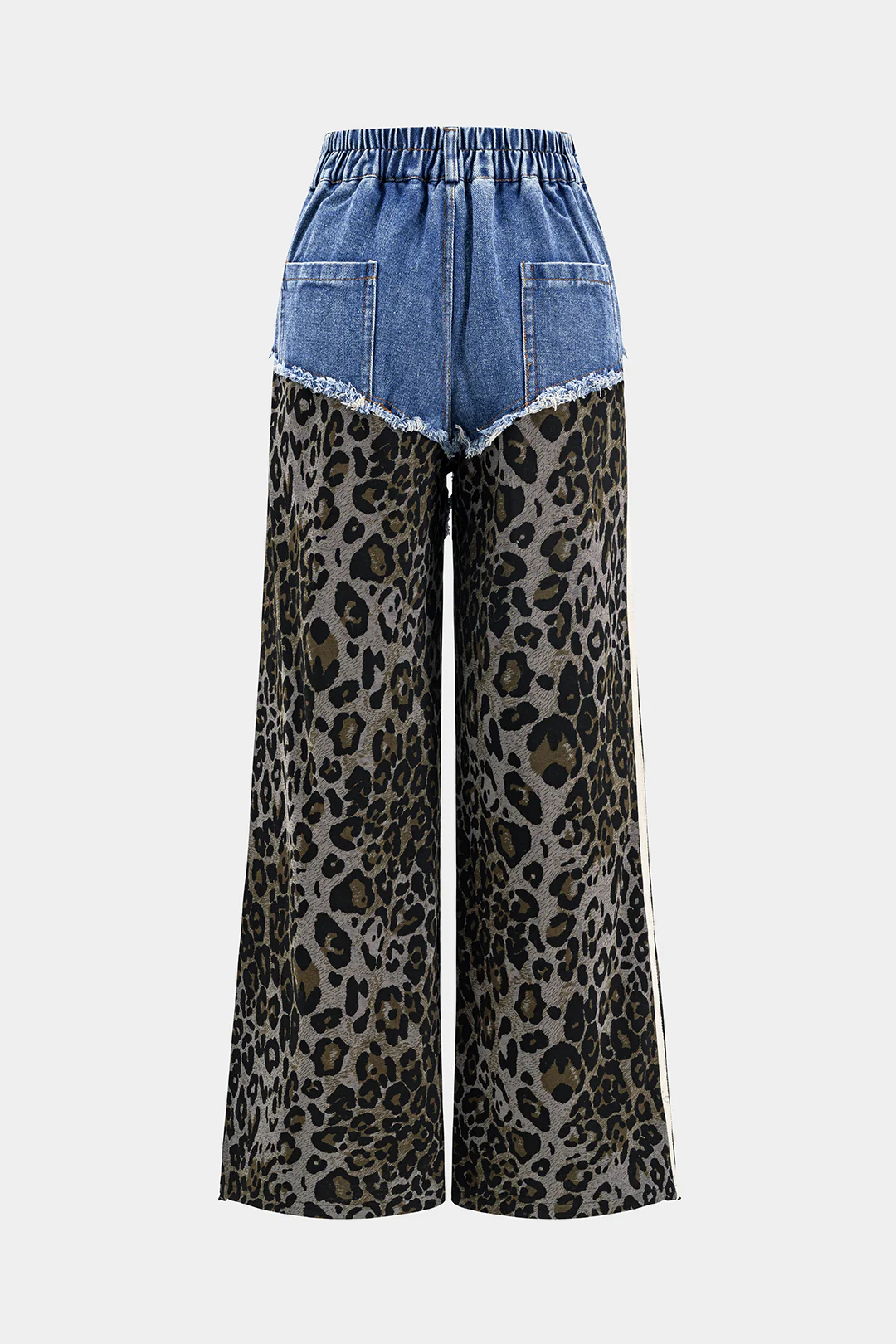 Leopard Print Denim Patchwork Button Pocket Wide-Leg Jeans