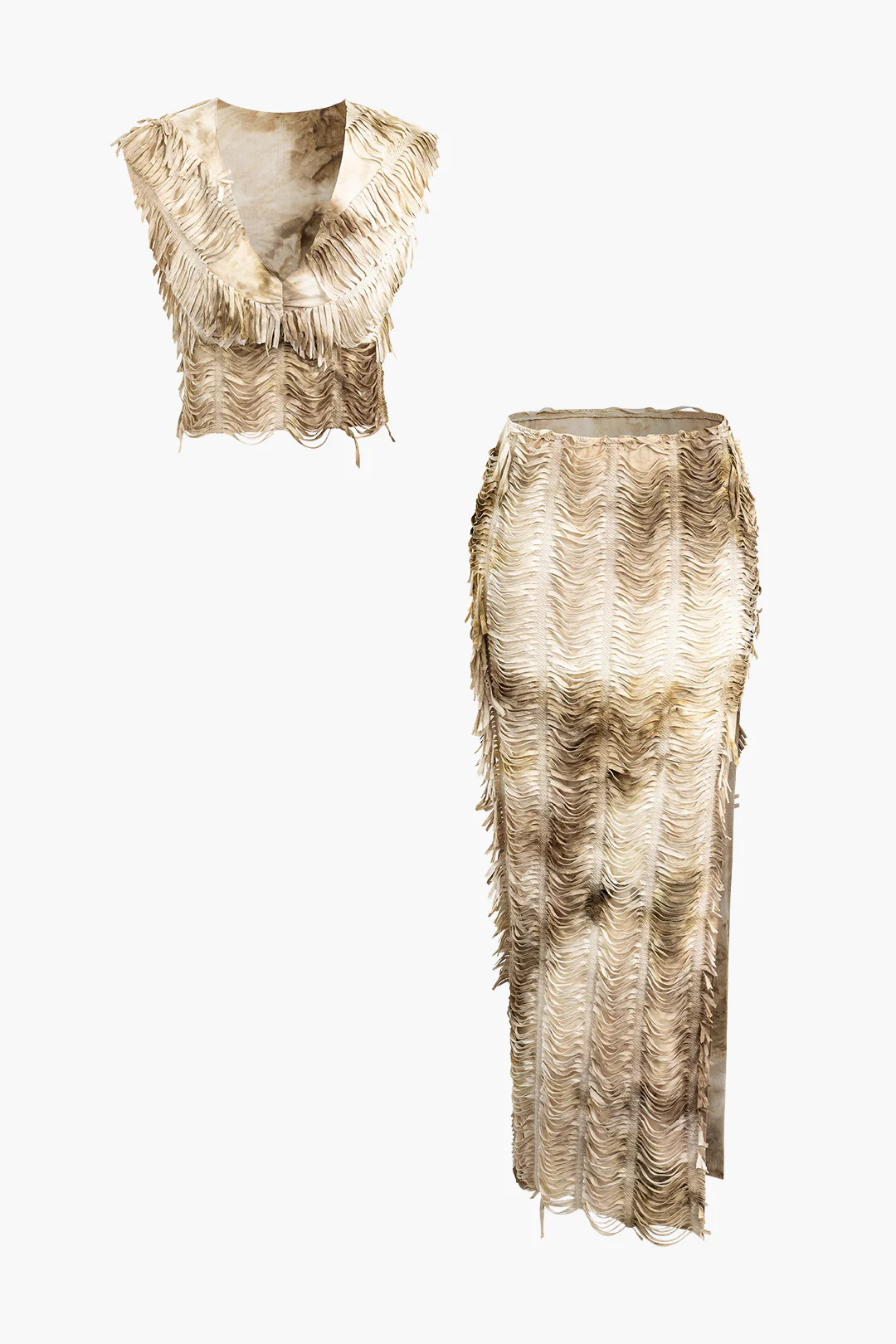 Distressed V-neck Cap Sleeve Crop Top and Slit Maxi Skirt Outfit Set