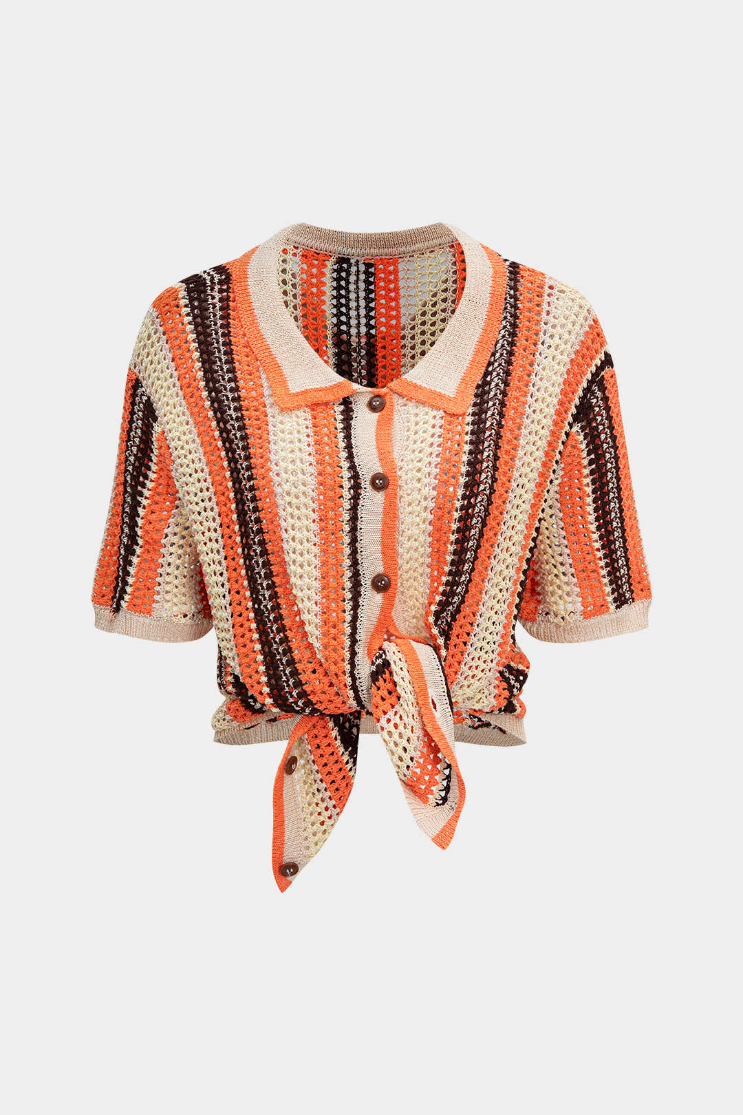 Contrasting Print Knitted Hollow-Out Short-Sleeve Top