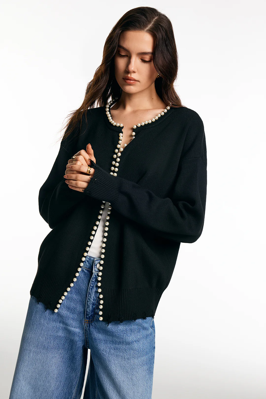 Knit Pearl Long Sleeve Cardigan