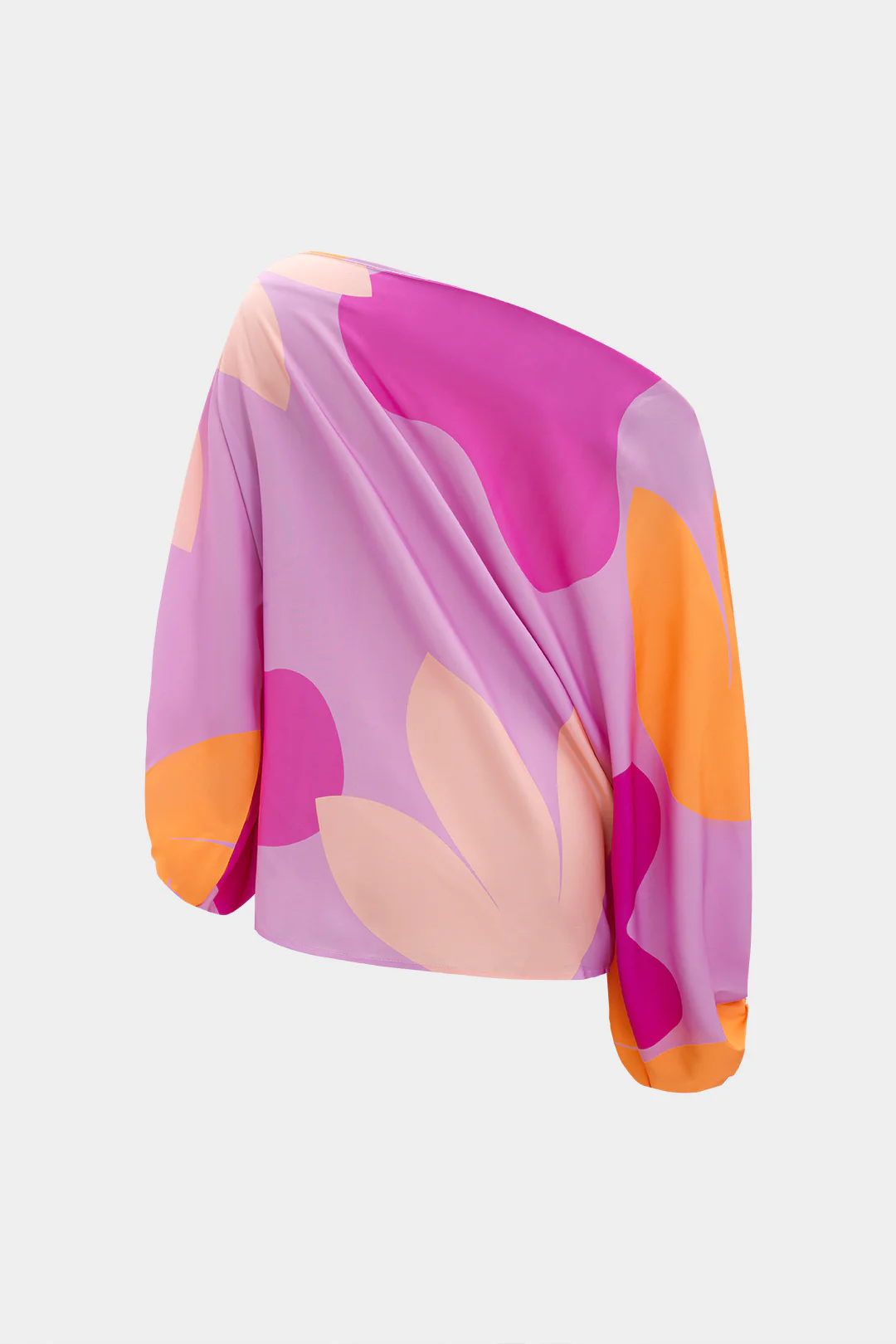 Abstract Print Ruched Asymmetric One-Shoulder Long Sleeve Top and Fringe Skirt Set