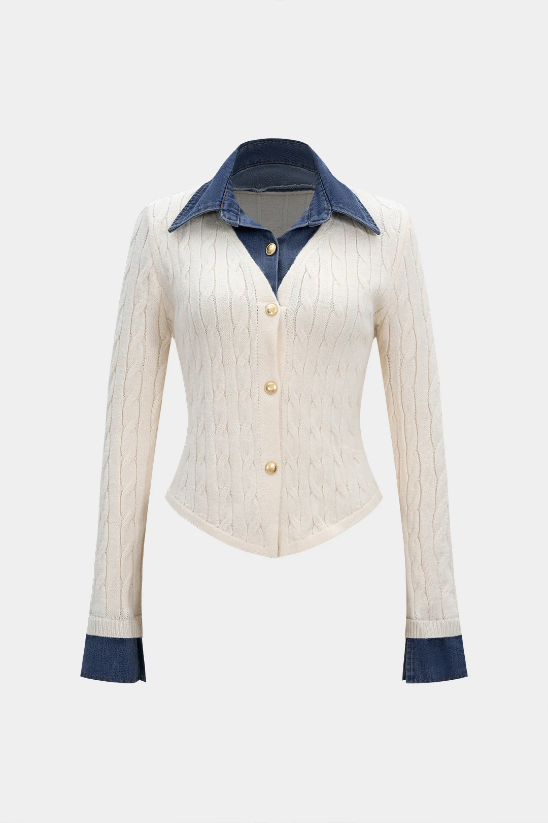 Knit Button Patchwork Long-Sleeve Top