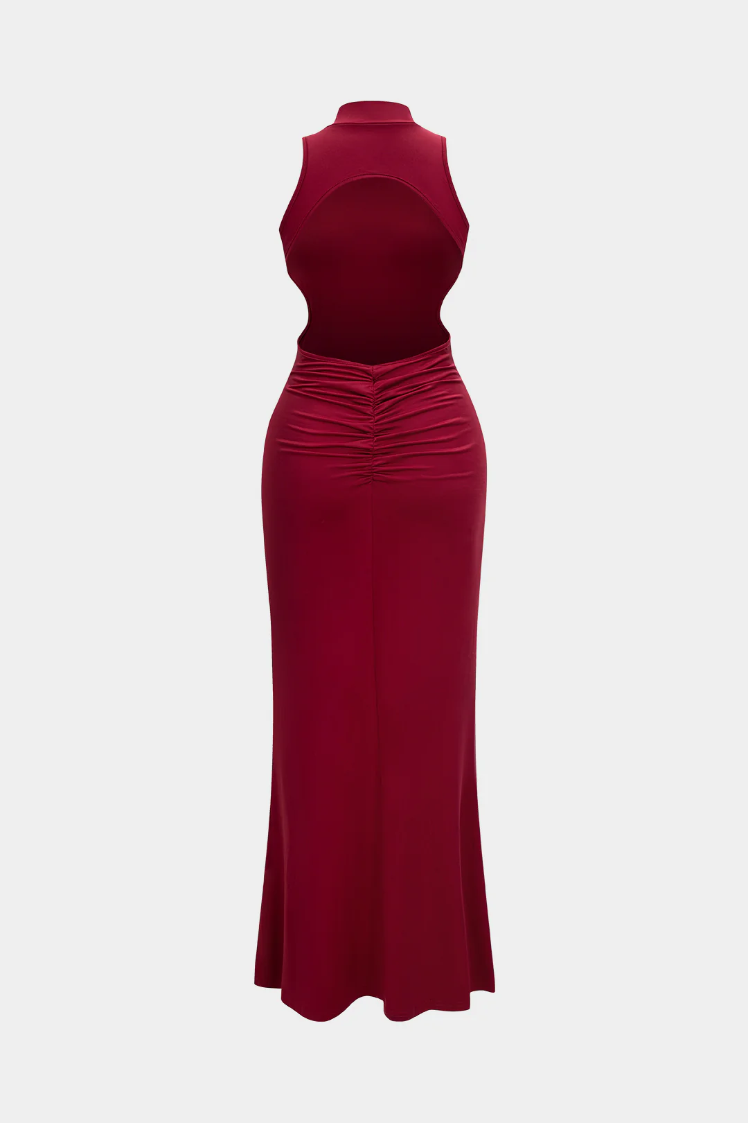 Mock Neck Metallic Ruched Backless Sleeveless Maxi Dress