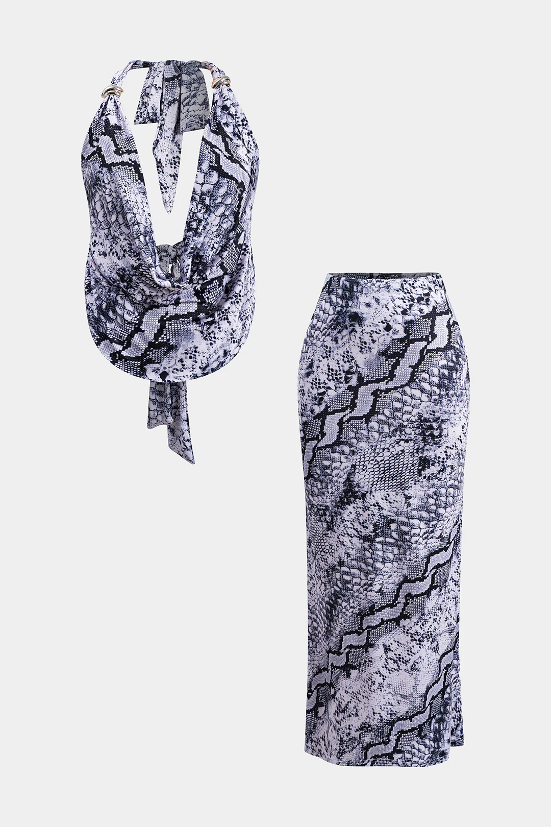 Snake Print Cowl Neck Top and Skirt Set