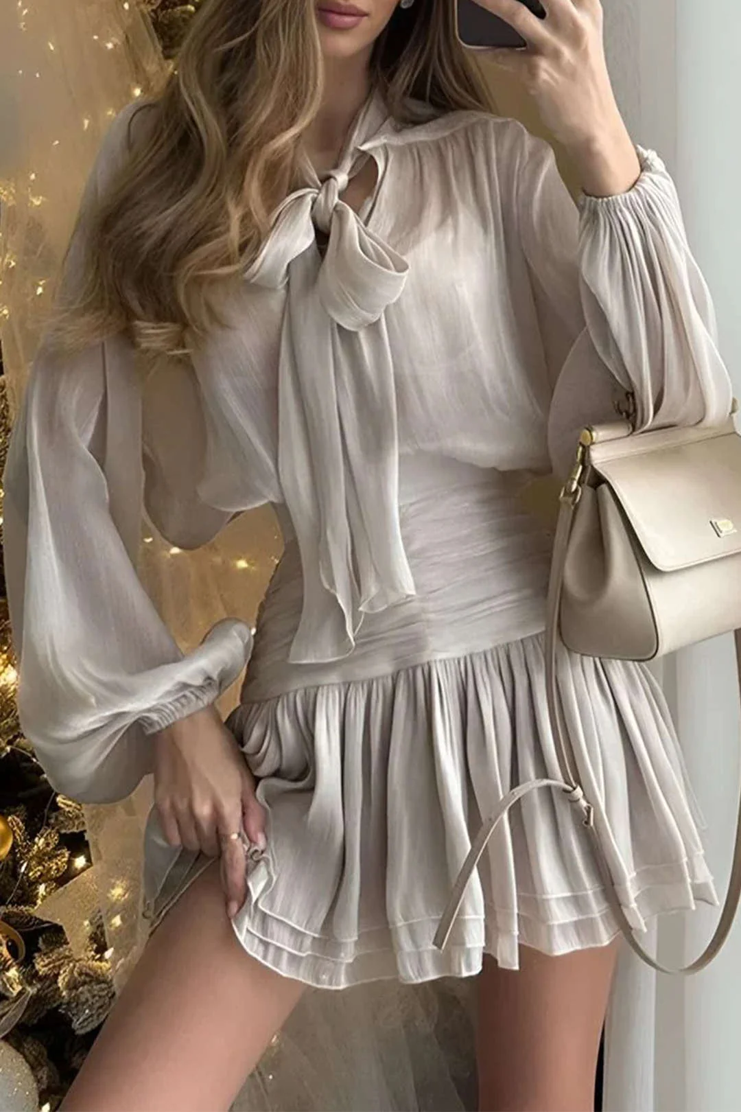 Bow Tie-Up Long-Sleeve Top And Ruched Mini Skirt Set