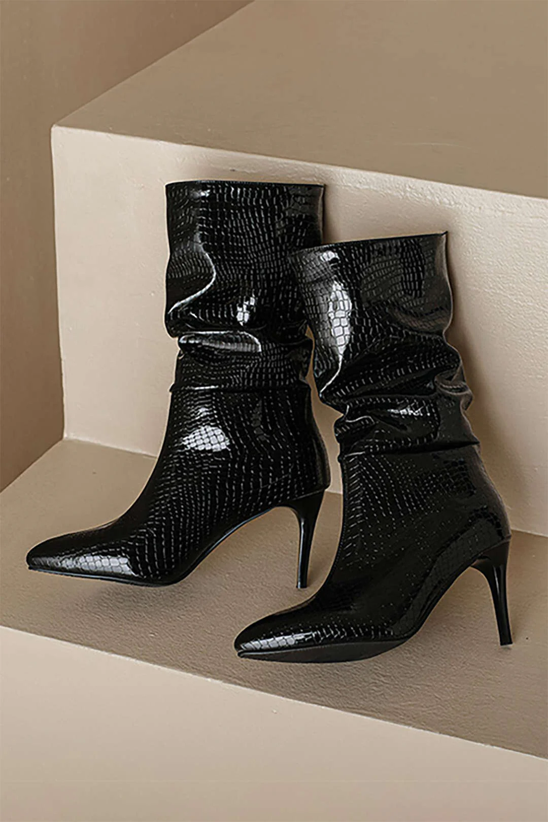 Faux Leather Pointed High Heel Ankle Boots