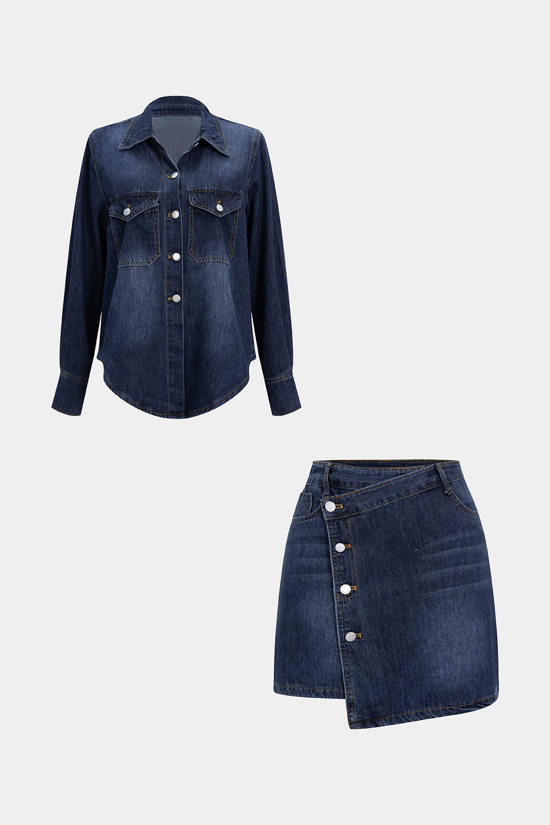 Denim Button Long-Sleeve Top And High Waist Mini Skirt Set