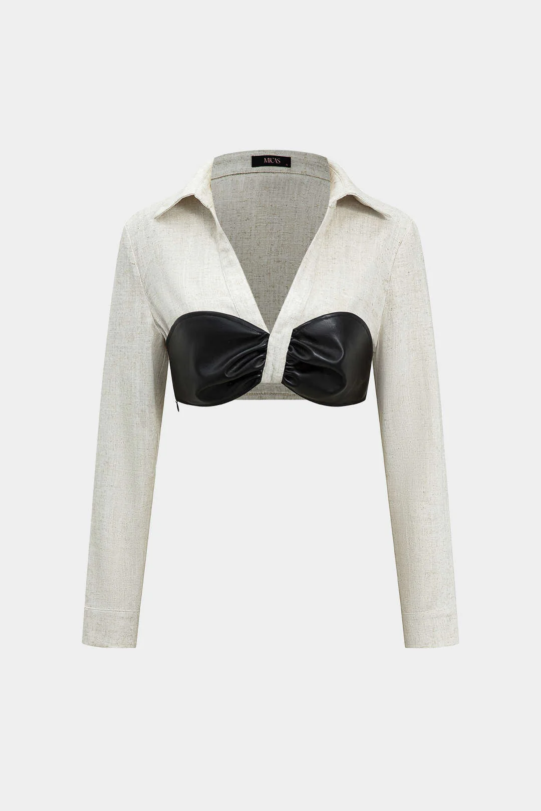 Color-Blocked Faux Leather and Linen Ruched Long-Sleeved Shirt