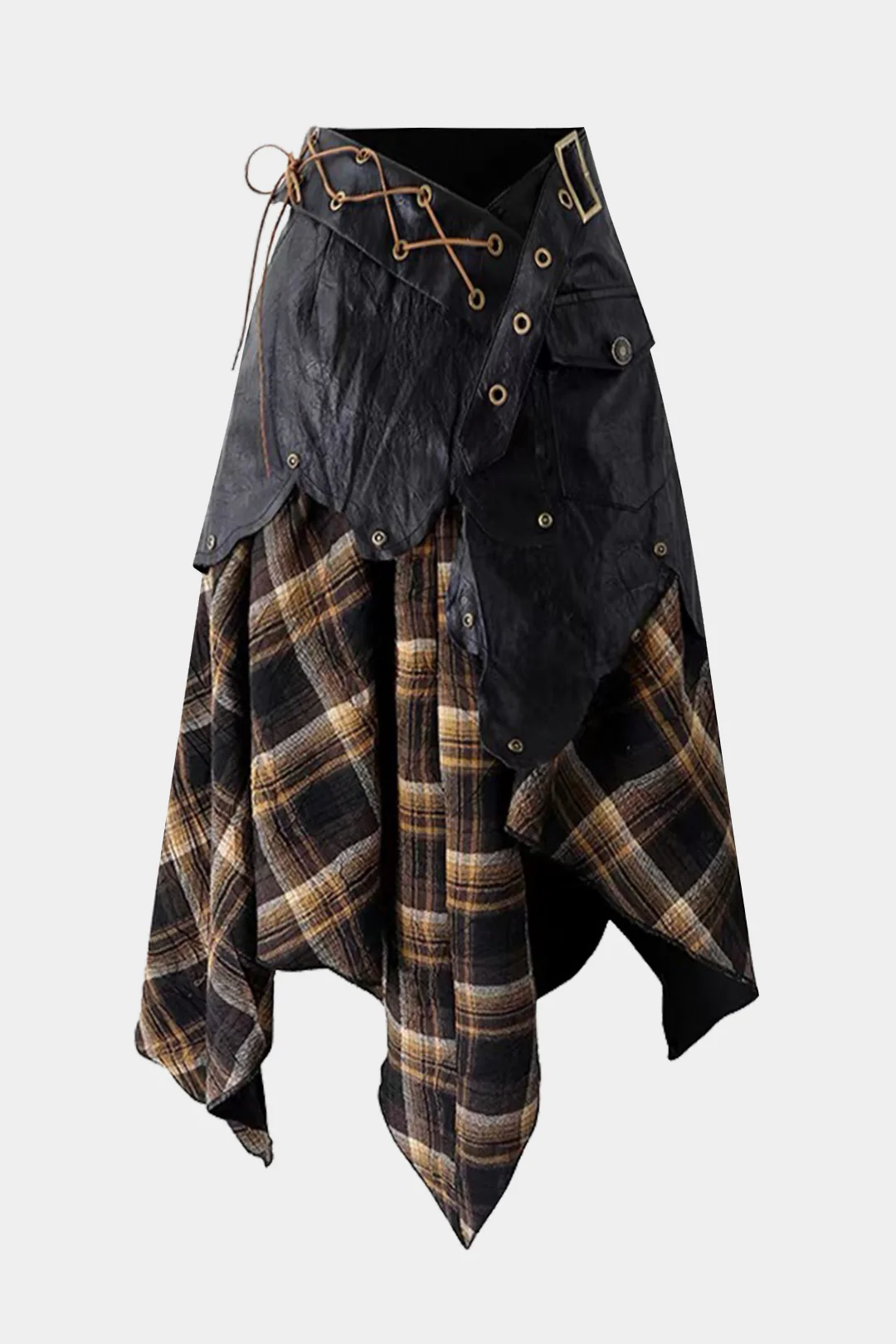 Color Block Plaid Print Faux Leather Patchwork Tie-Up Asymmetrical Pocket Skirt