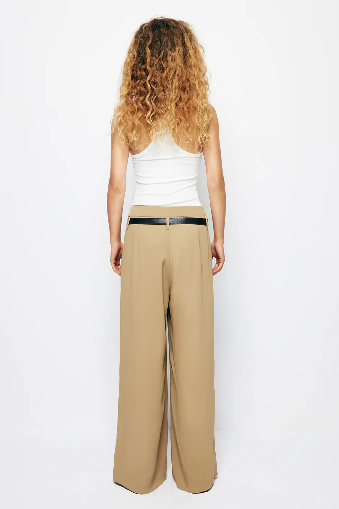 Ruched Wide-Leg Pants with Belt