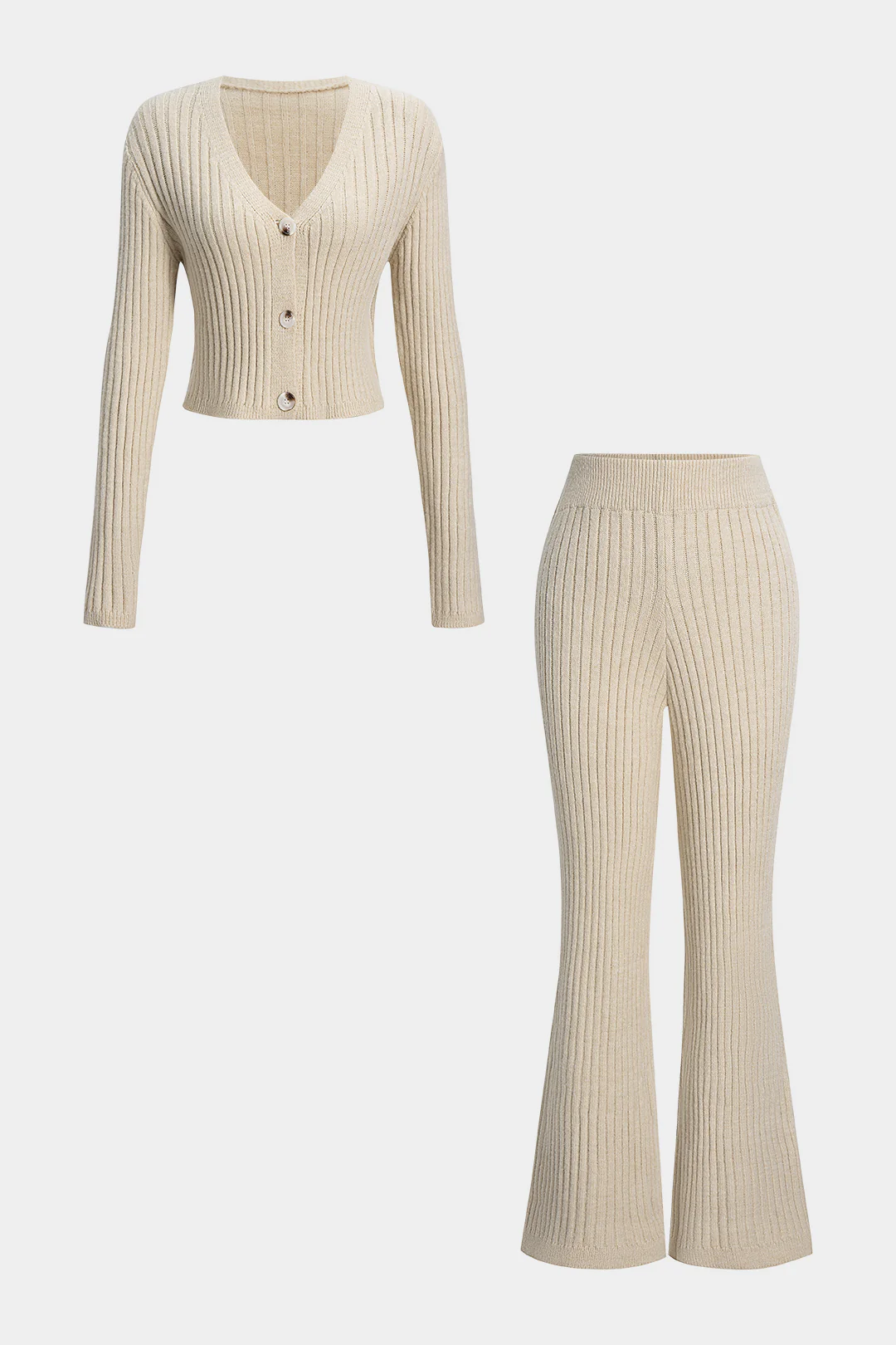 Knit Ribbed Button Long-Sleeve Top And Bell Leg Trousers Set
