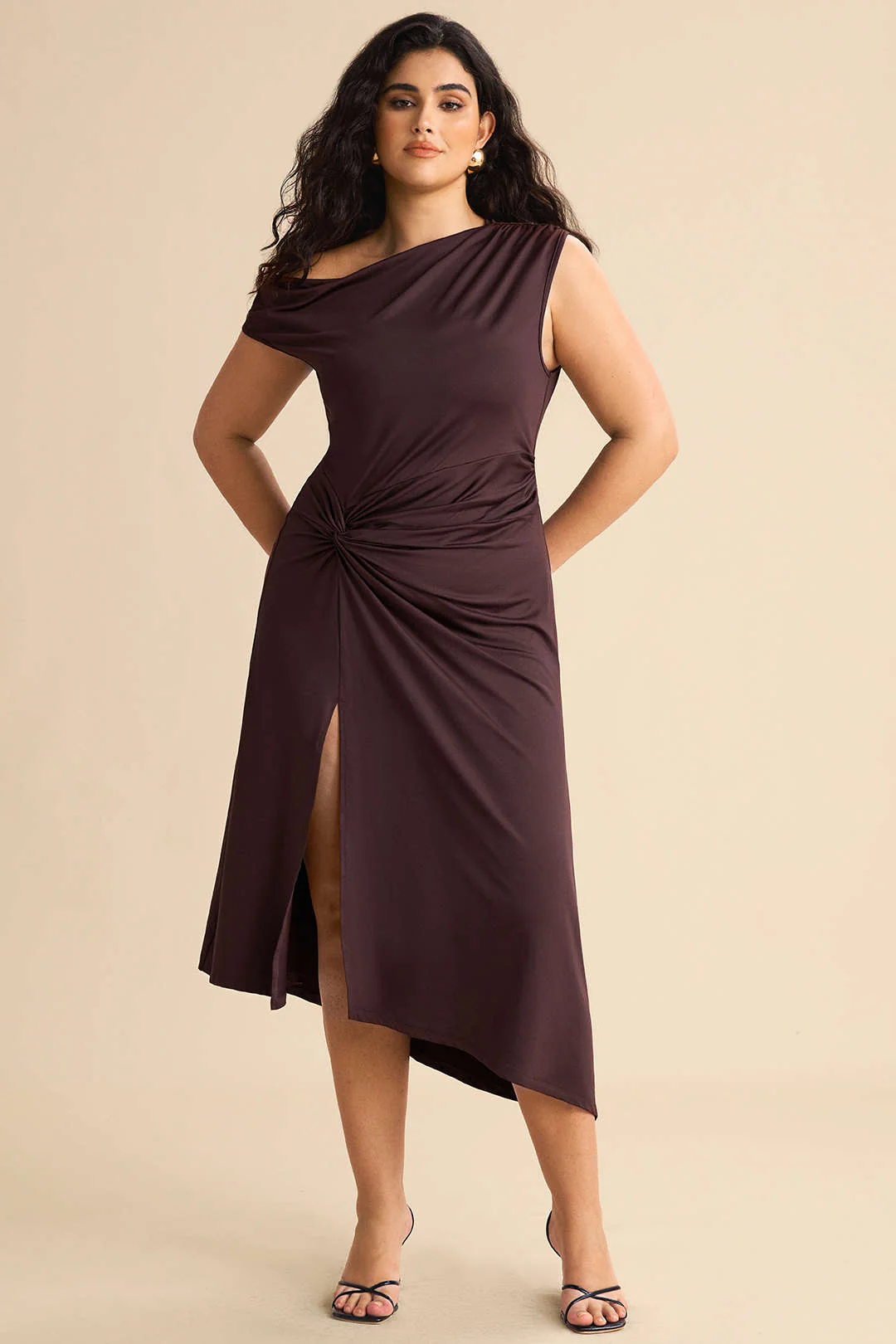 Plus Size Asymmetric Sleeveless Ruched Mid-length Dress