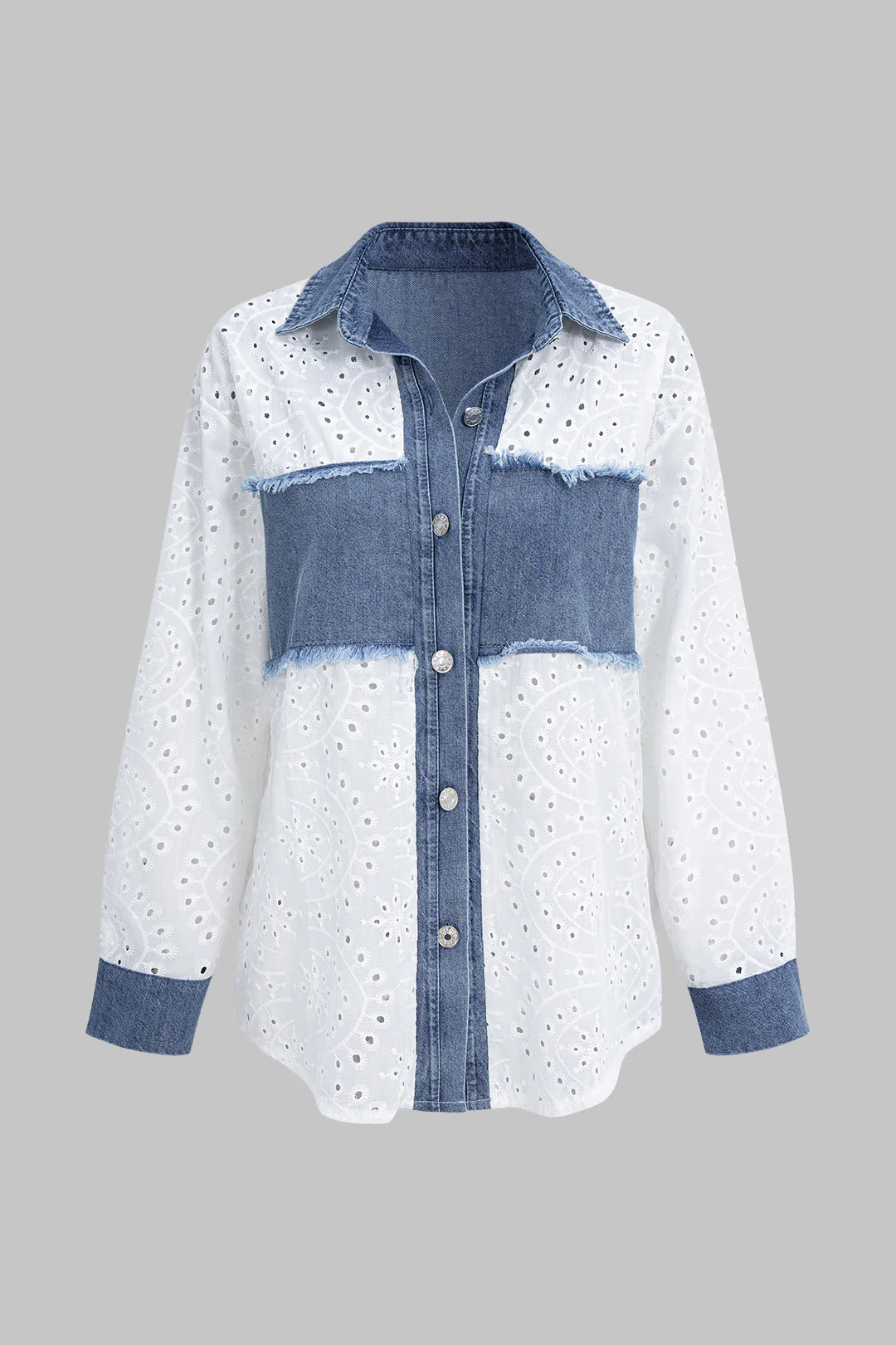 Denim Button Patchwork Cut Out Long Sleeve Shirt