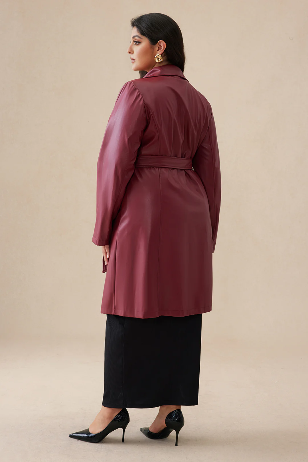 Plus Size Faux Leather Button-Tied Long Coat