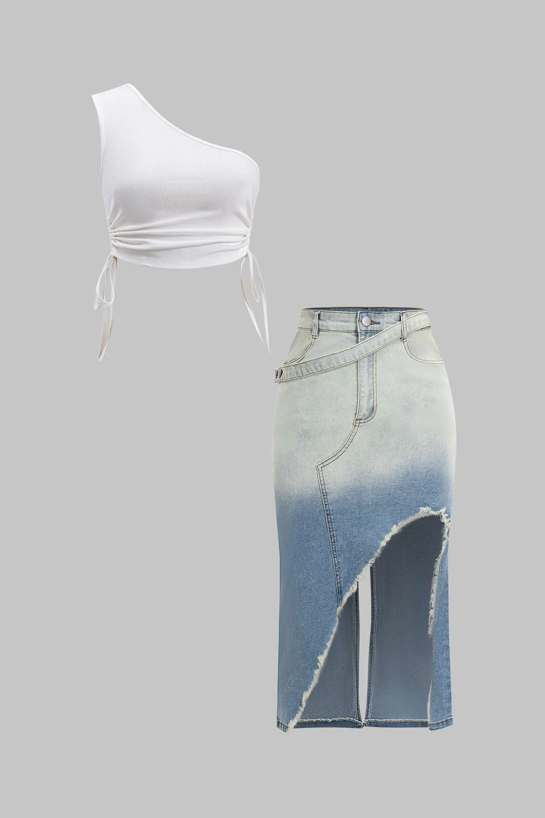 Ruched One Shoulder Asymmetrical Drawstring Top And Denim Washed Button Pocket Slit Skirt Set