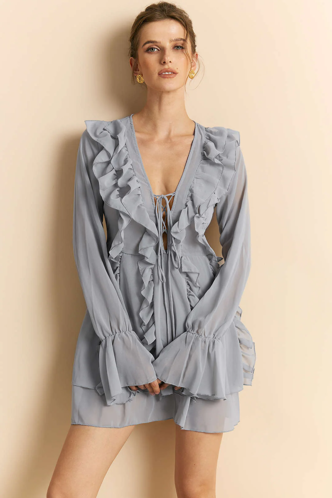 Chiffon Ruffle Tie-Up Bell Sleeve V-Neck Long Sleeve Mini Dress