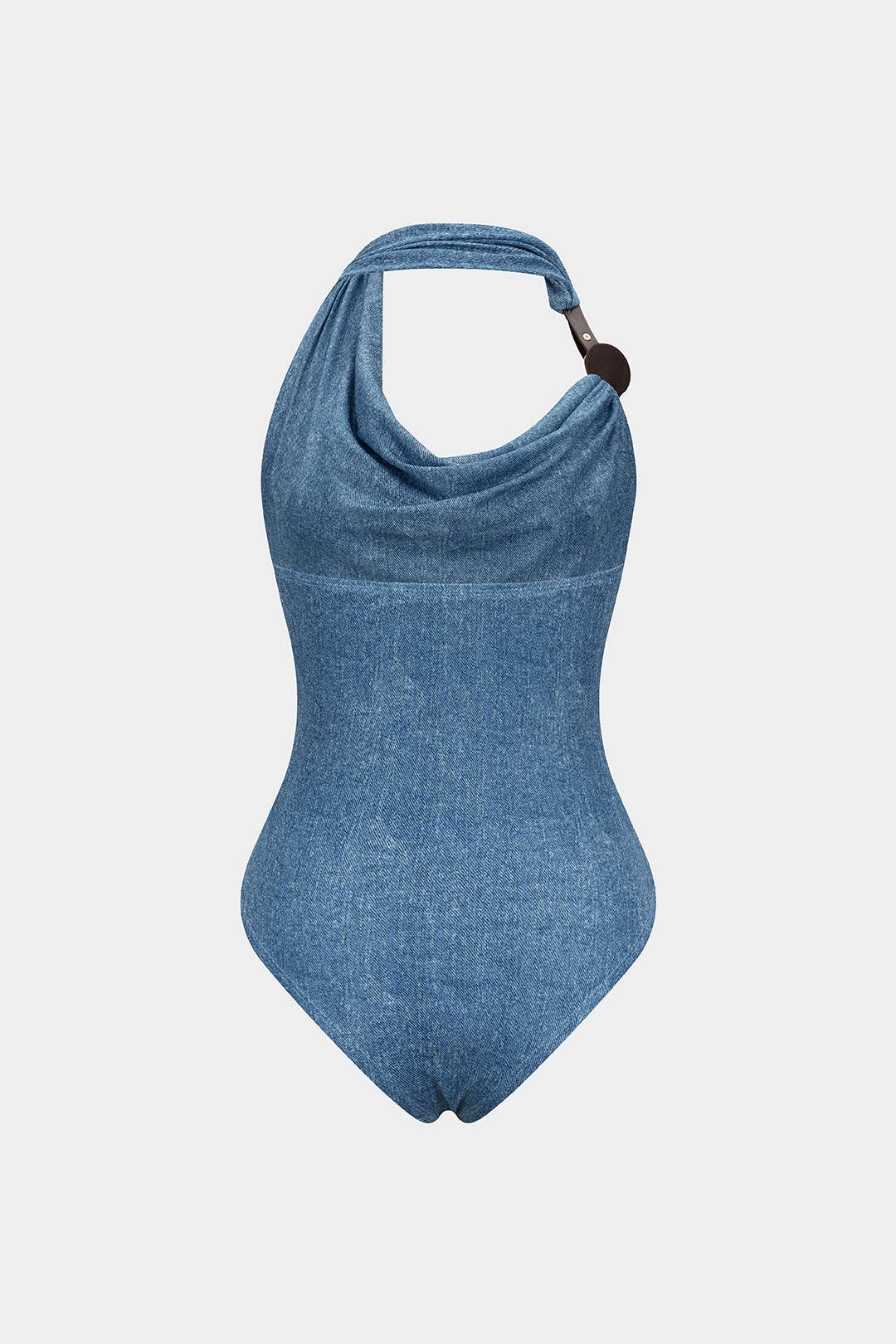 Denim Print Asymmetrical Draped Cowl Halter Neck Sleeveless Bodysuit