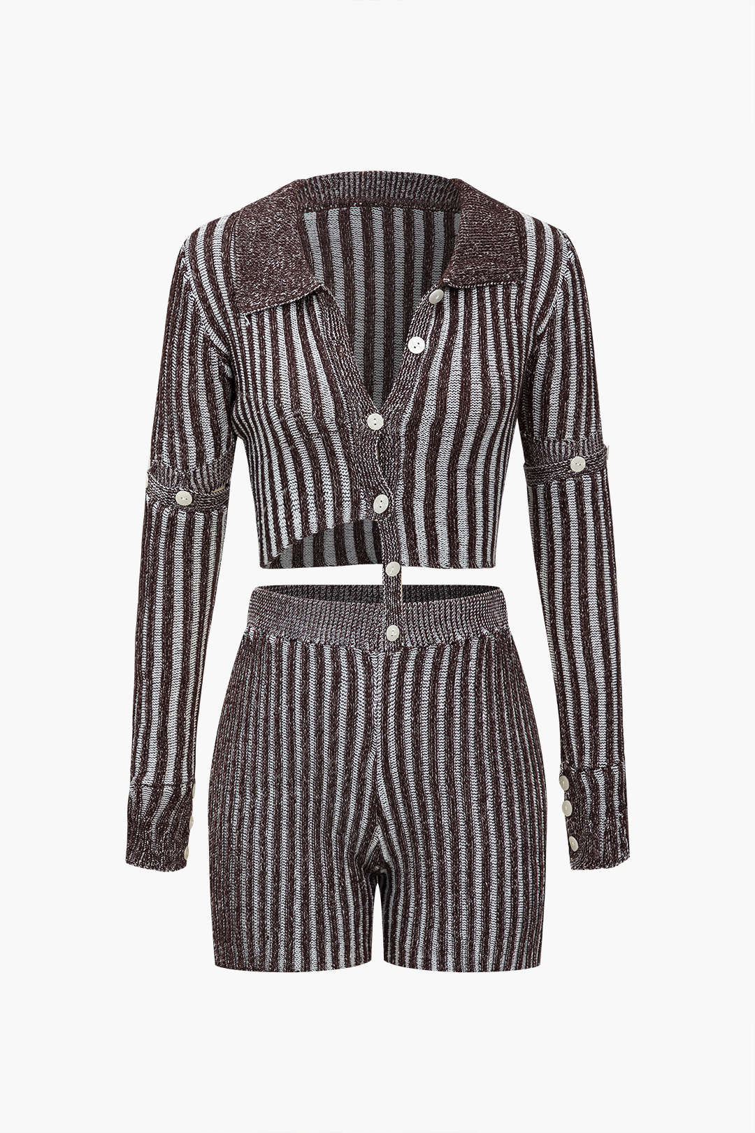 Striped Knit Button-Up Top and Shorts Set