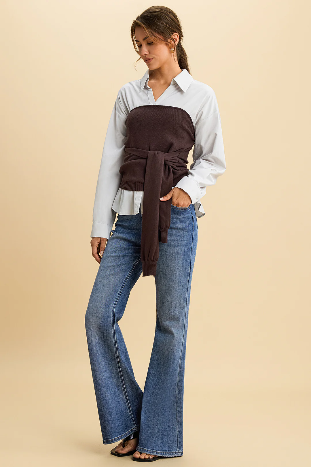 Solid Patchwork Knit Front-Tie Long Sleeve Top