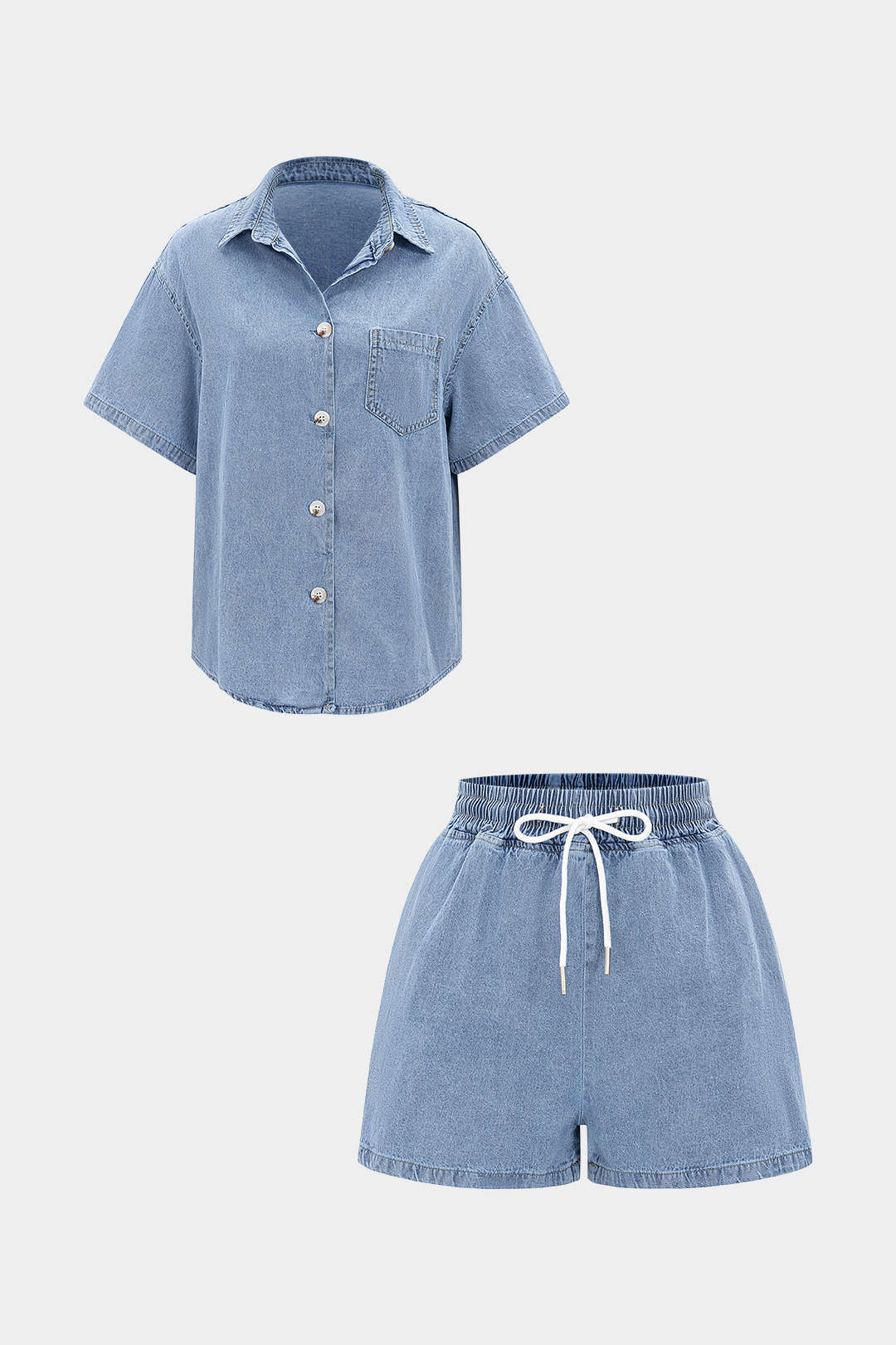 Denim Button Pocket Tank Top and Drawstring Shorts
