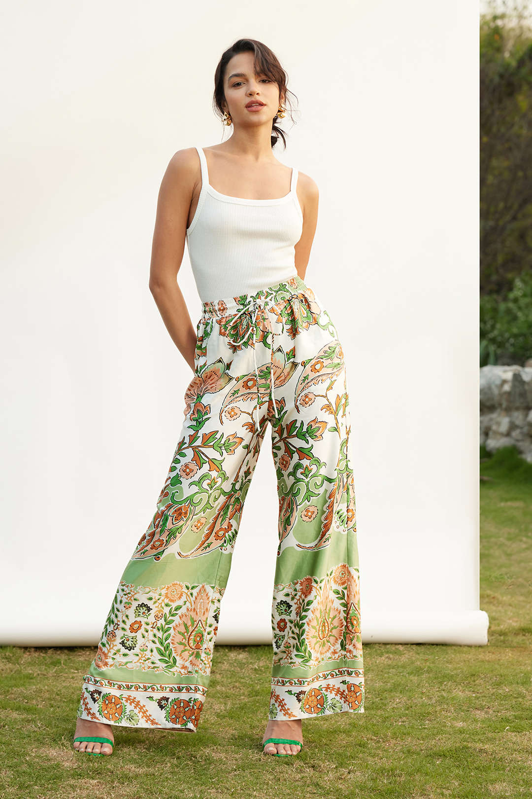 Floral Pattern Drawstring Split Wide-Leg Trousers
