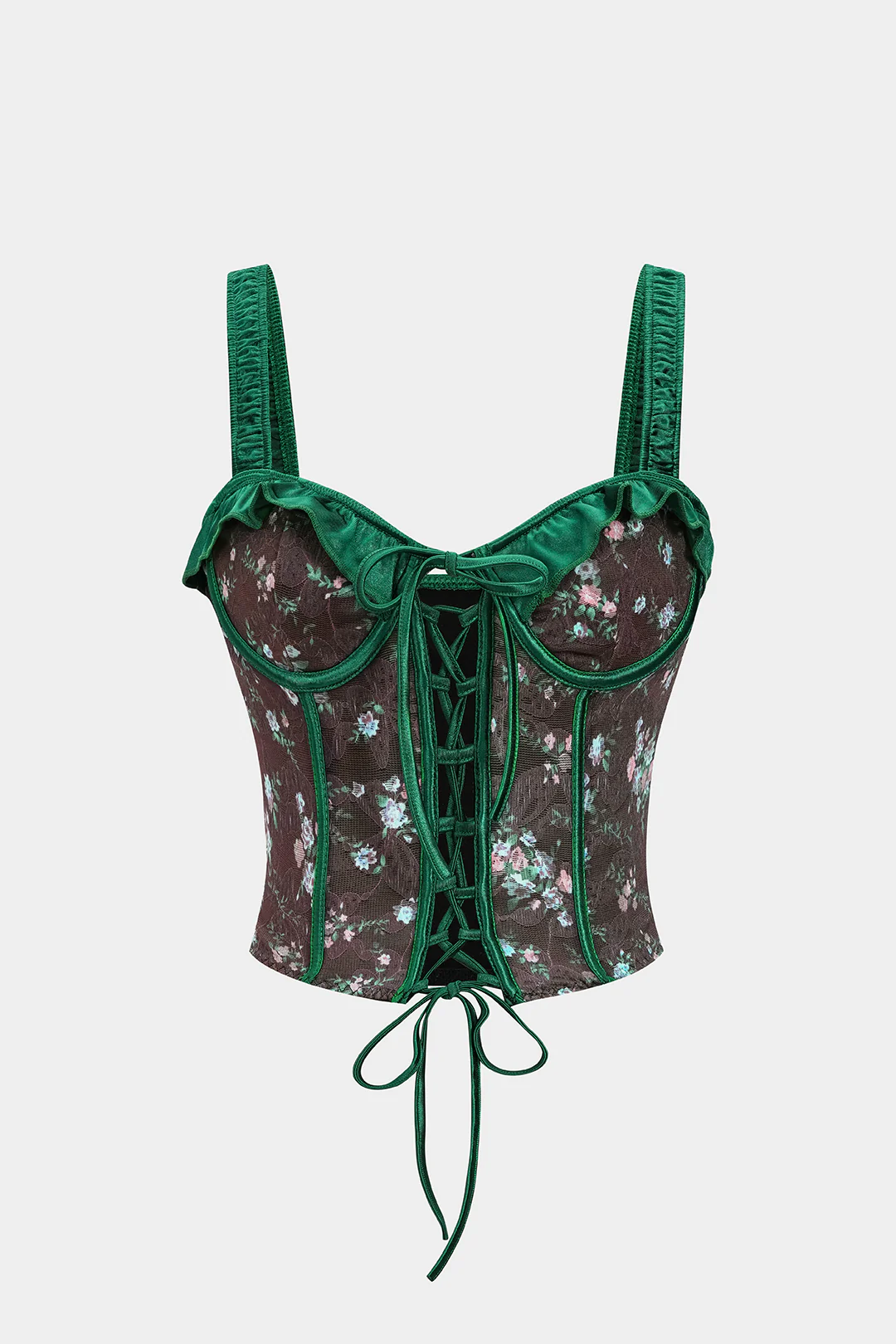 Vintage Floral Print Mesh Tie-Front Camisole Top